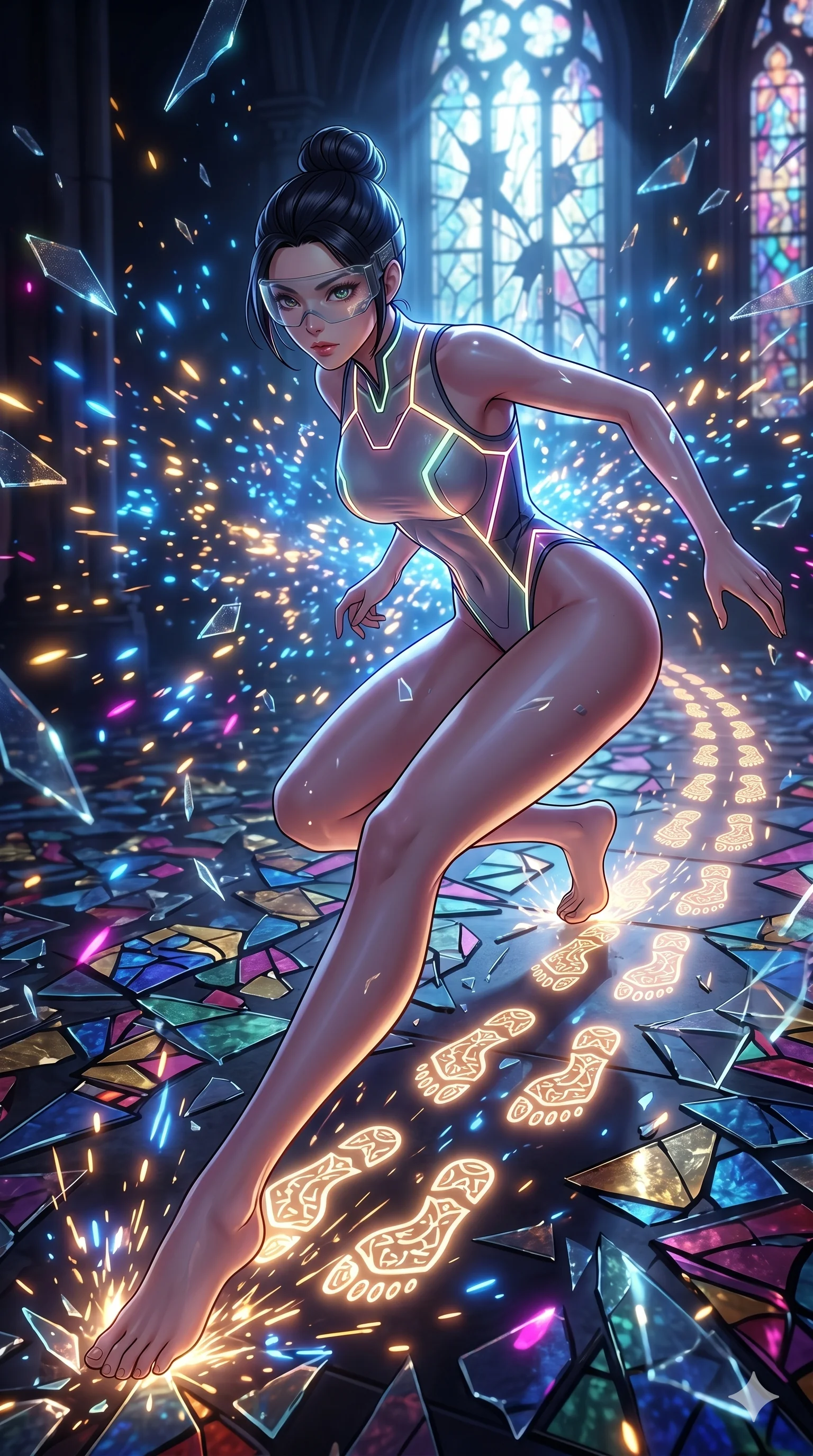 score_9, masterpiece, best quality, ultra-detailed, Set A: High-budget Anime Keyframe, Korean woman. Upper body close-up from the thighs up, character filling the screen for maximum presence. Sliding through a shattered glass cathedral, as she leaves a trail of 228 glowing footprints and surrounded by glowing energy sparks. She has an absolutely perfect 8-heads proportion, an exceptionally tall and slender female figure with impossibly long slender legs and an ultra-slim waist. Sharp v-shaped jawline, high-bridge nose, intricate jewel-like eyes with depth, thick eyelashes, glossy lips with a natural sheen. Wearing High-cut athletic leotard with glowing trim and a translucent visor accessory. Cinematic lighting, vibrant colors, dramatic shadows, 2k, ultra detail, master piece, 9:16 ratio