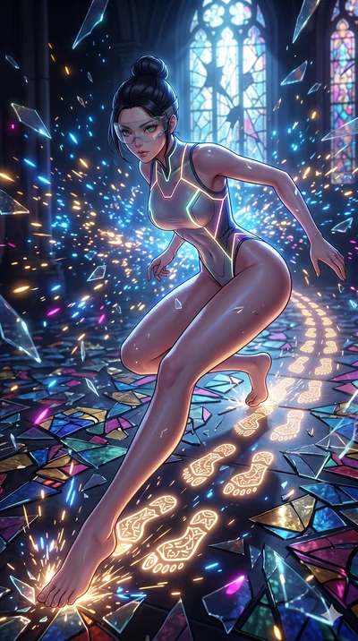 score_9, masterpiece, best quality, ultra-detailed, Set A: High-budget Anime Keyframe, Korean woman. Upper body close-up from the thighs up, character filling the screen for maximum presence. Sliding through a shattered glass cathedral, as she leaves