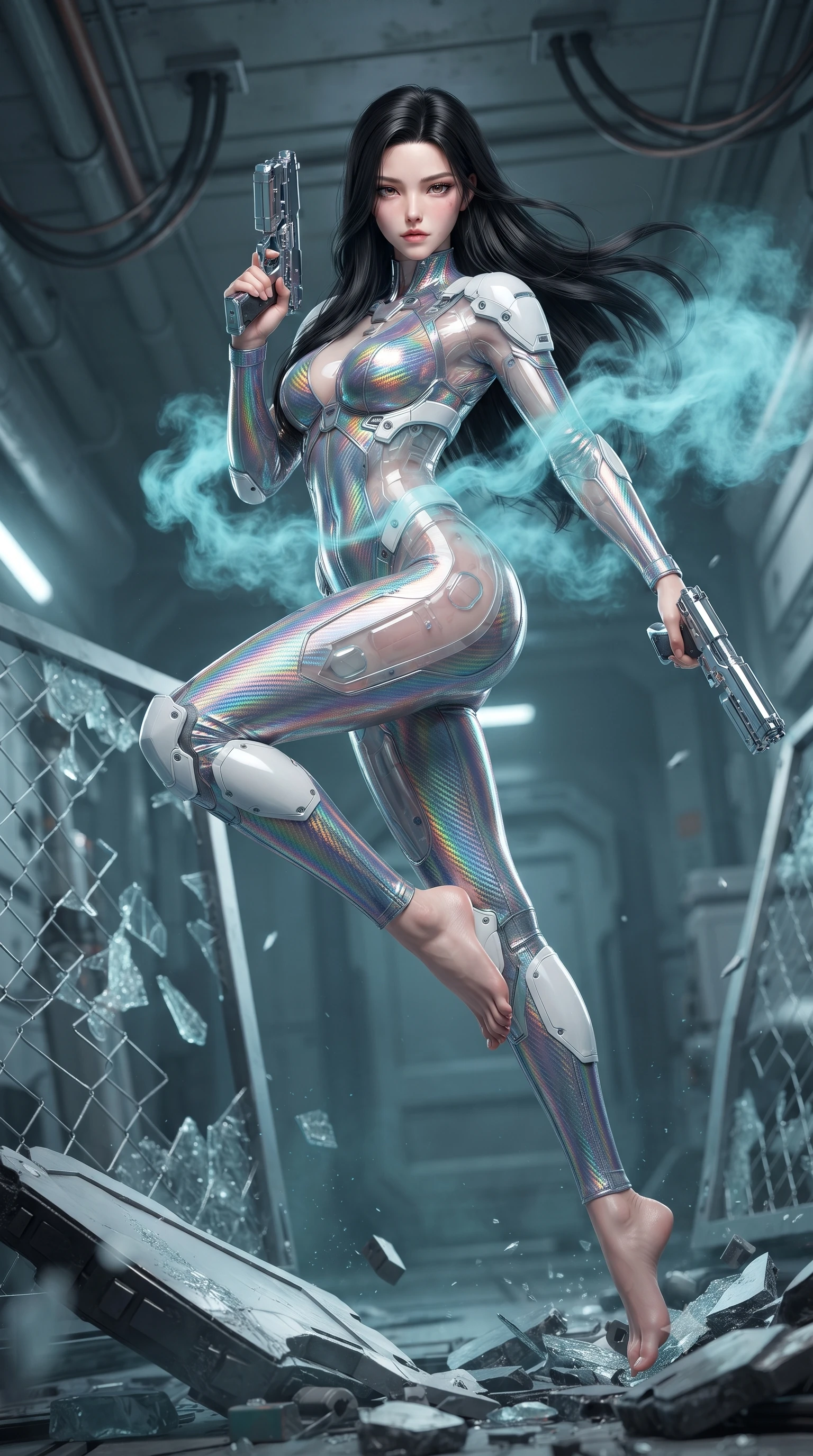 score_9, masterpiece, best quality, ultra-detailed, high-budget anime keyframe, editorial fashion photography, tasteful artistic composition, Korean woman. low angle full-body shot from head to toe showing her feet, filling the entire 9:16 vertical frame with her statuesque presence, stretching her vertical silhouette. performing an alluring mid-air combat landing with flawless poise, looking directly into the camera with regal, deadly intensity while stretching her slender torso in an alluring S-curve as cyan cryo-mist billows gracefully around her bare shoulders and waist. The composition keeps background elements in soft focus with creamy bokeh. shattered security barriers and overhead frosted conduits softened in quiet atmospheric focus. She has an absolutely perfect, statuesque 8.5-heads proportion, an exceptionally tall and slender model-like female figure with impossibly long slender legs, a toned flat midriff, and an ultra-slim waist. sharp v-shaped jawline, high-bridge nose, intricate jewel-like eyes with depth, thick eyelashes, glossy lips with a natural sheen, flawlessly proportioned anatomical accuracy, strict slender model proportions, natural body alignment, perfectly sculpted long slender limbs, ultra-slim waistline, clean dynamic posture without body distortion. wearing a high-gloss iridescent rainbow carbon-weave bodysuit with translucent cybernetic panels, brandishing dual sleek chrome particle beam pistols in a dynamic combat stance in glacial ice-cyan carbon mesh with pure white armor plates, crafted from semi-translucent cybernetic carbon-vinyl interwoven with glowing micro-filaments, detailed with magnetic weapon holsters and polished chrome connection clasps, the liquid-tight tailored fabric emphasizing every curve of her tall, slender model proportions and sculptured silhouette during dynamic movement. surrounded by a cool, lethal, and breathtakingly alluring frost-goddess special-operative aura. ultra-reflective glossy finish, specular highlights, dark metallic sheen, high-contrast stereoscopic depth, volumetric dynamic lighting, 2k, ultra detail, master piece, 9:16 ratio