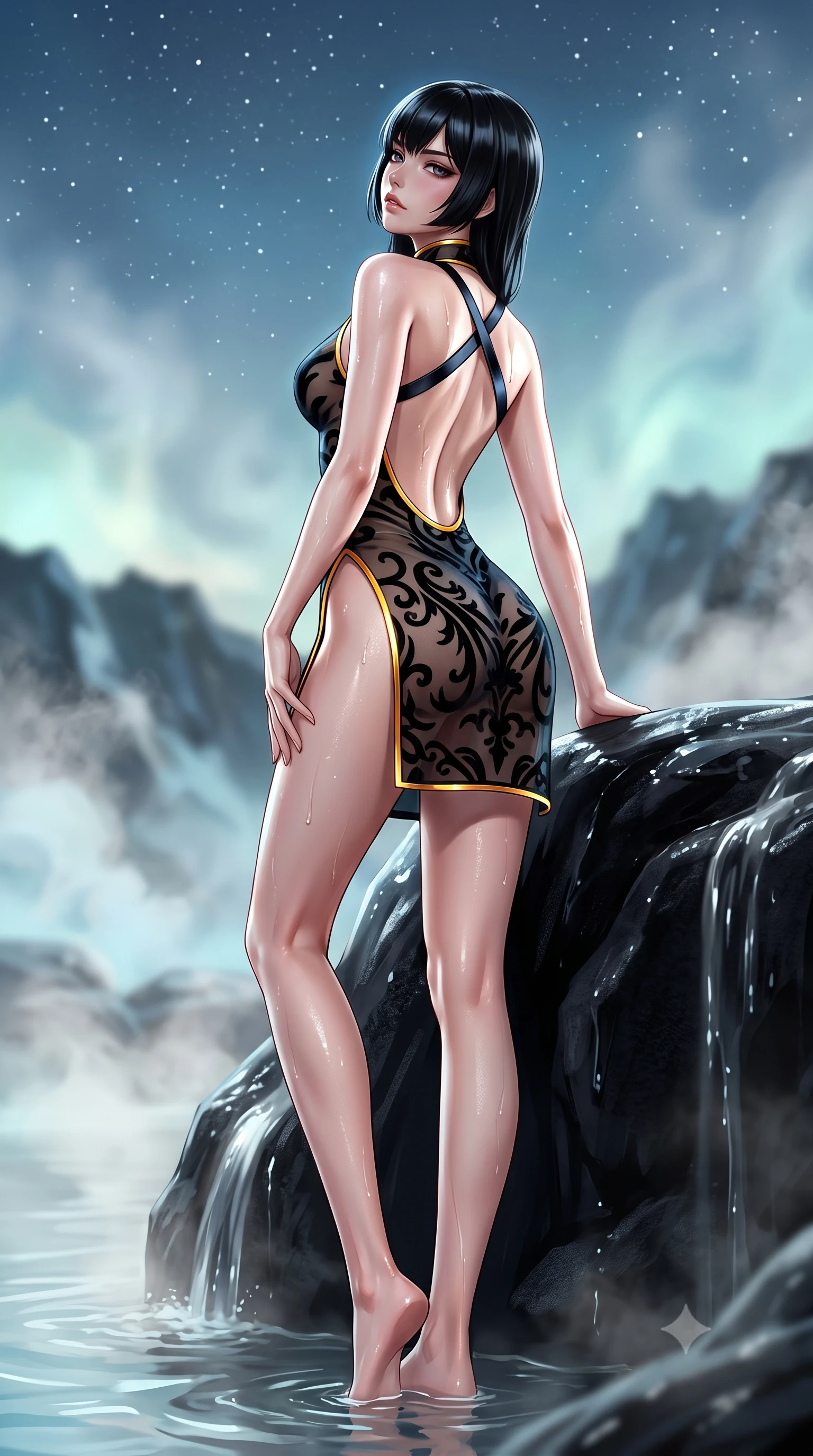 score_9, masterpiece, best quality, ultra-detailed, high-budget anime keyframe, semi-realistic 3D game render, editorial fashion photography, tasteful artistic composition, Caucasian woman. low angle full-body shot from head to toe showing her feet, filling the entire 9:16 vertical frame with her statuesque presence, stretching her vertical silhouette. posing with back turned slightly to the lens, glancing back with smoldering allure as she arches her lower back to emphasize her sculpted feminine hips and slender waist while leaning back against a smooth black lava rock ledge, head tilted back toward the starry Arctic sky as warm water caresses her slender curves. The composition keeps background elements in soft focus with creamy bokeh. swirling geothermal steam clouds and distant volcanic basalt ridges blurred into milky-cyan, deep charcoal, and silver-moonlight bokeh. She has an exceptionally tall and slender model-like 8.5-heads proportion, an ultra-slim waist, a flat toned midriff, narrow delicate ribcage, and beautifully sculpted feminine hips creating a graceful, slim hourglass silhouette without any bulky heaviness, with impossibly long slender legs. sharp v-shaped jawline, high-bridge nose, intricate jewel-like eyes with depth, thick eyelashes, glossy parted lips with a natural sheen, intensely captivating and seductive bedroom-eyes expression, flawlessly proportioned anatomical accuracy, strict slender model proportions, natural body alignment, perfectly sculpted long slender limbs, ultra-slim waistline, clean dynamic posture without body distortion. wearing a modernized cyber-qipao mini dress with an ultra-high side slit ascending to the hip and glowing piping in midnight obsidian black and liquid gold, made of sheer contouring power-mesh with velvet flocking patterns, finished with criss-cross back satin straps highlighting her graceful shoulder blades, the dramatically scooped open back descending to the base of her spine, accentuating her razor-sharp statuesque lines and slim hourglass silhouette. illuminated by wet specular highlights accentuating her slender neckline, sculpted waist, and rounded hips. highly saturated vibrant anime colors, detailed shading with soft gradients, rich glossy textures, high-contrast stereoscopic depth, volumetric dynamic lighting, master piece, 9:16 ratio