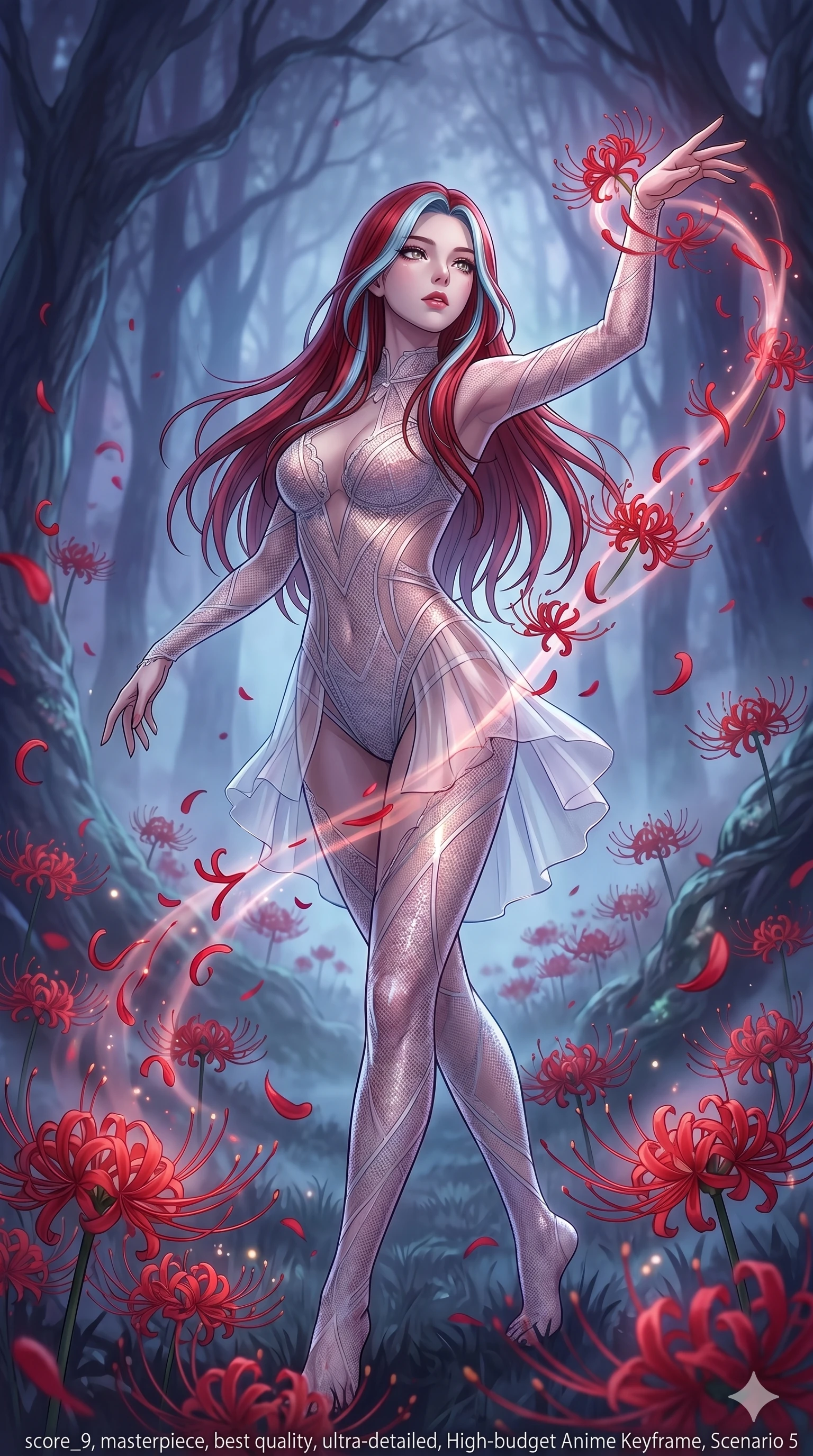 score_9, masterpiece, best quality, ultra-detailed, High-budget Anime Keyframe, East Asian woman. Low angle cowboy shot filling the entire 9:16 frame with her statuesque presence. Scenario 5: Dancing amidst falling red spider lilies in a misty dark forest. Her presence is magnetic and overpowering in this high-budget anime scene. Outfit 5: A micro-mesh lace bare with a sheer panels and translucent layers. The clothing is designed to emphasize her exceptionally tall and slender 8-heads proportion. 8-heads proportion, towering silhouette, ultra-slim waist. sharp v-shaped jawline, intricate jewel-like eyes with depth, thick eyelashes, glossy lips. 2k, ultra detail, master piece, 9:16 ratio