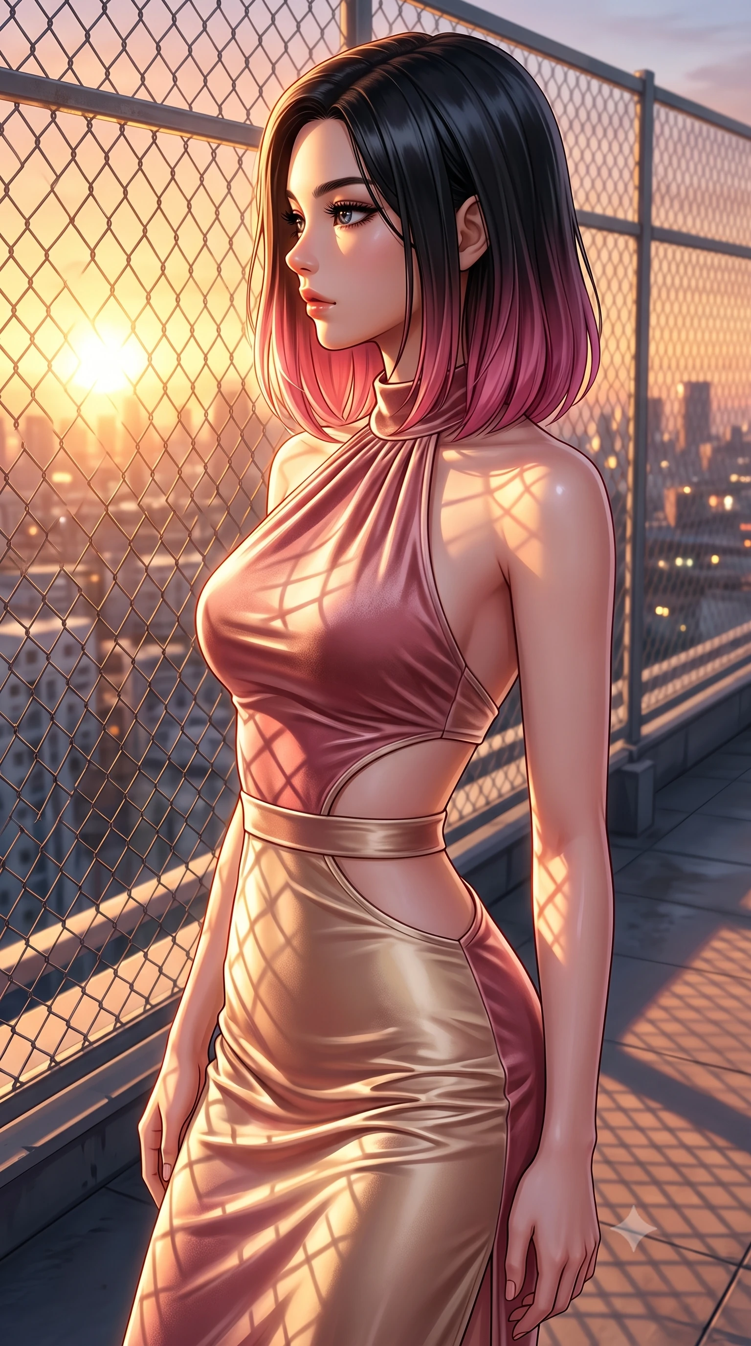 score_9, masterpiece, best quality, ultra-detailed, high-budget anime keyframe, editorial fashion photography, tasteful artistic composition, Korean woman. close-up cowboy shot from the waist and thighs up, the character dominates the composition, filling the frame with her large presence, background elements kept in soft focus. Turning her face in sharp dramatic profile against the bright light, showcasing her sharp v-shaped jawline standing by the metal fence of a high school rooftop overlooking a sunset city skyline, golden hour sunbeams casting dramatic fence grid shadows on the roof deck. She has an exceptionally elegant, slender, and willowy female figure with an ultra-slim waist, a gracefully sculpted slender torso, and a refined silhouette. sharp v-shaped jawline, high-bridge nose, intricate jewel-like eyes with depth, thick eyelashes, glossy lips with a natural sheen. wearing a velvet halter-neck midi dress following her form like a glove in dusty rose and champagne gold, crafted from lustrous satin jersey with fluid draping, featuring clean architectural cutouts along her slender torso, the glove-like fit emphasizing her statuesque silhouette. bathed in brilliant golden hour sunset rays and warm amber ambient light. highly saturated vibrant anime colors, detailed shading with soft gradients, rich glossy textures, high-contrast stereoscopic depth, volumetric dynamic lighting, master piece, 9:16 ratio