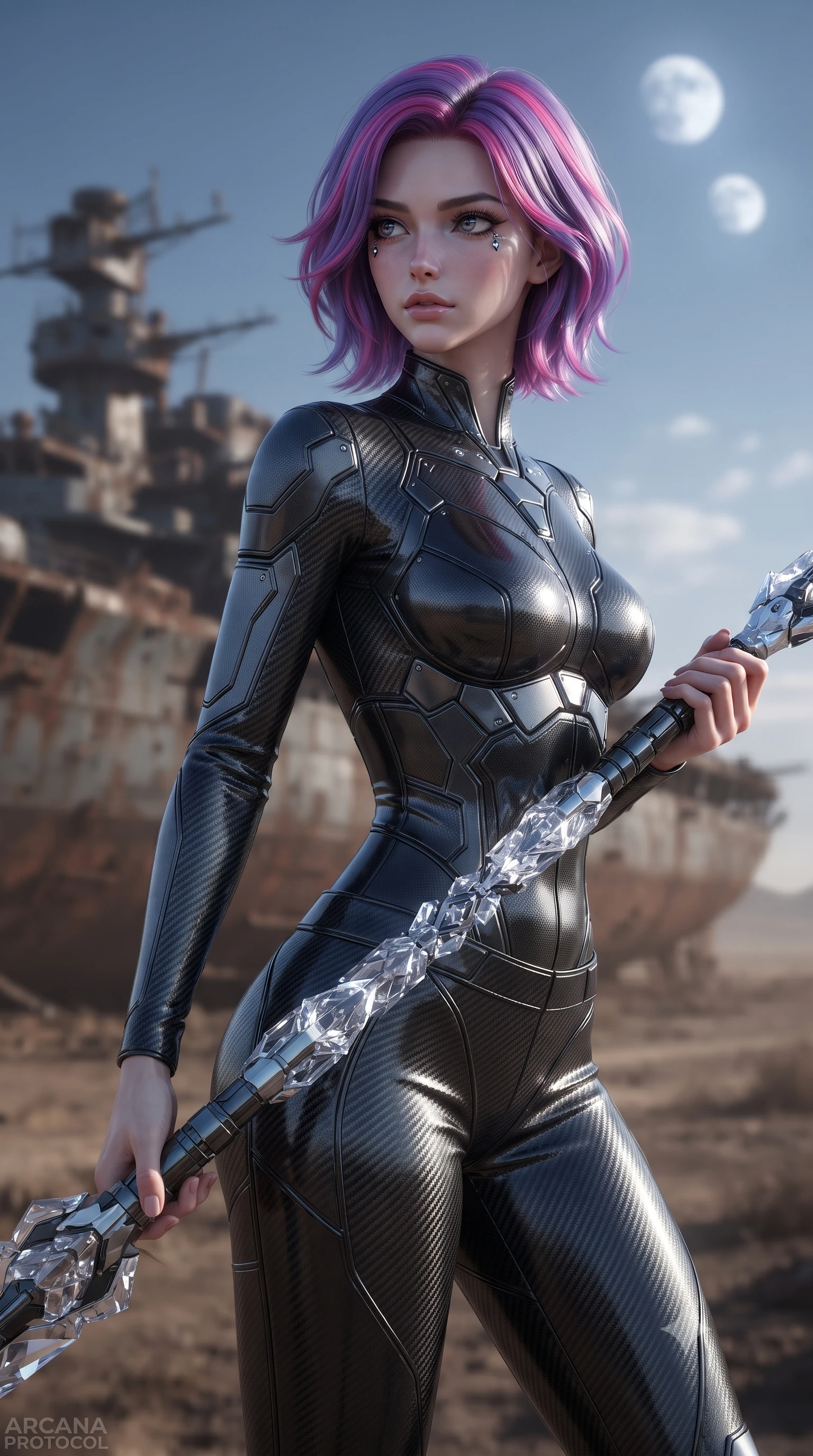 score_9, masterpiece, best quality, ultra-detailed, high-budget anime keyframe, editorial fashion photography, tasteful artistic composition, Caucasian woman. close-up cowboy shot from the waist and thighs up, the character dominates the composition, filling the frame with her large presence, background elements kept in soft focus. holding a deactivated nanotech glaive, looking past the camera with quiet, sharp focus and a composed expression, the background shows a soft-focus a rusted battleship deck parked on a dry dusty plain under two moons. She has an exceptionally elegant, slender, and willowy female figure with an ultra-slim waist, a gracefully sculpted slender torso, and a refined silhouette. sharp v-shaped jawline, high-bridge nose, intricate jewel-like eyes with depth, thick eyelashes, glossy lips with a natural sheen. wearing a form-contouring form-fitting carbon-weave long-sleeve top paired with tight-fitting black carbon-fiber pants. cool silver moonlight casting high-contrast chiaroscuro shadows on her gear. ultra-reflective glossy finish, specular highlights, metallic sheen, high-contrast stereoscopic depth, volumetric dynamic lighting, 2k, ultra detail, master piece, 9:16 ratio