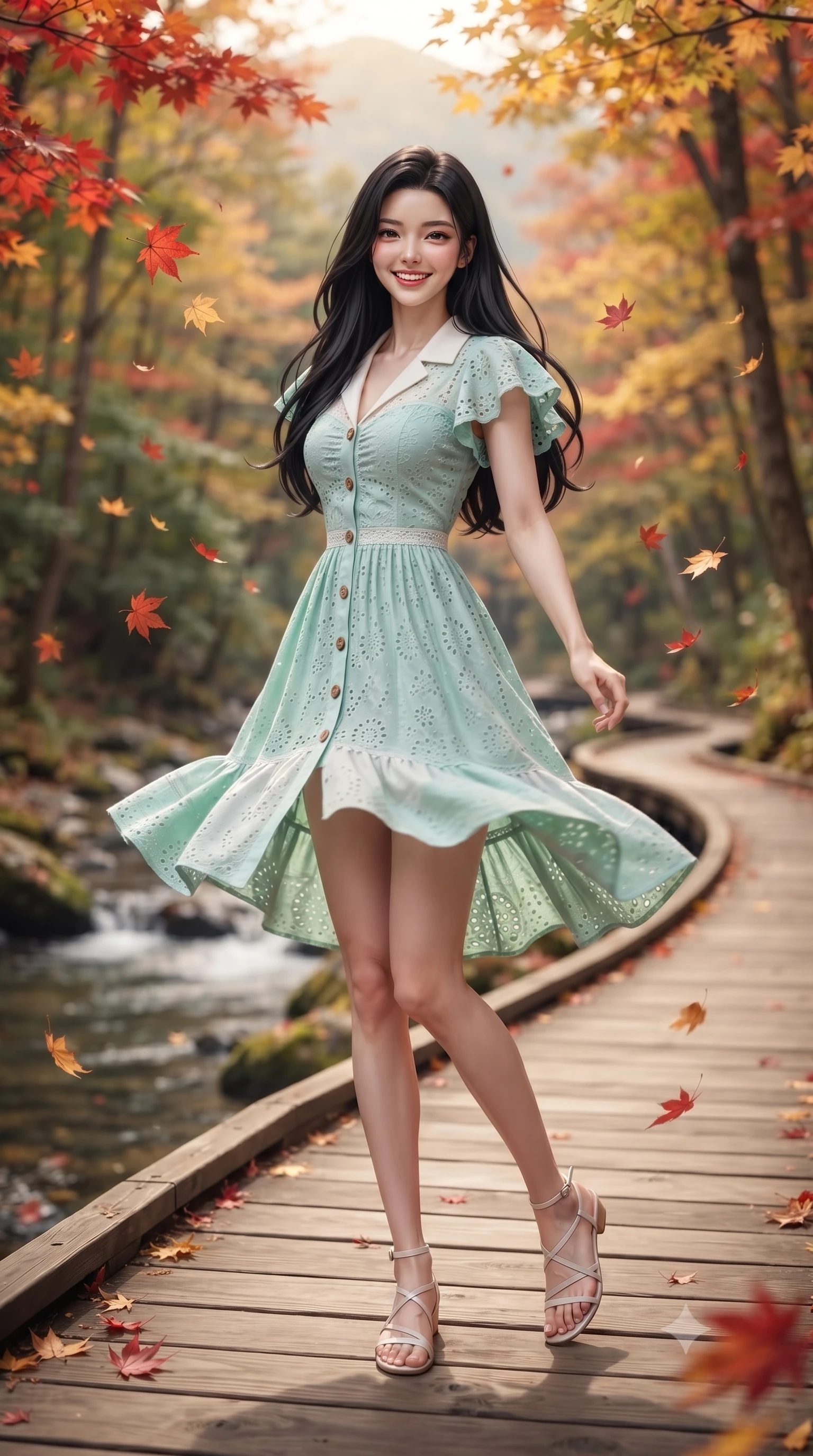 score_9, masterpiece, best quality, ultra-detailed, high-budget anime keyframe, editorial fashion photography, tasteful artistic composition, Korean woman. low angle full-body shot from head to toe showing her feet, filling the entire 9:16 vertical frame with her statuesque presence, stretching her vertical silhouette. performing a cheerful mid-motion turn with effortless poise, her skirt fluttering softly as she smiles into the camera while turning gracefully as falling scarlet and amber leaves swirl playfully around her tall, slender silhouette. The composition keeps background elements in soft focus with creamy bokeh. curving wooden boardwalks and tranquil mountain streams softened by warm shallow depth of field. She has an absolutely perfect, statuesque 8.5-heads proportion, an exceptionally tall and slender model-like female figure with impossibly long slender legs, a toned flat midriff, and an ultra-slim waist. sharp v-shaped jawline, high-bridge nose, intricate jewel-like eyes with depth, thick eyelashes, glossy lips with a natural sheen, pure and lovely fresh girlhood expression, flawlessly proportioned anatomical accuracy, strict slender model proportions, natural body alignment, perfectly sculpted long slender limbs, ultra-slim waistline, clean dynamic posture without body distortion. wearing an airy eyelet lace cotton midi dress with a sweetheart neckline and wooden front buttons in refreshing mint green and crisp sea-salt white, woven with delicate eyelet lace and breathable cotton voile, featuring elegant flutter sleeves and a graceful open collar, the tailored casual silhouette highlighting her fresh and youthful presence and perfectly proportioned slender frame. bathed in warm amber afternoon autumn sunlight filtering through glowing red and gold canopies. ultra-reflective glossy finish, specular highlights, rich natural textures, high-contrast stereoscopic depth, volumetric dynamic lighting, 2k, ultra detail, master piece, 9:16 ratio