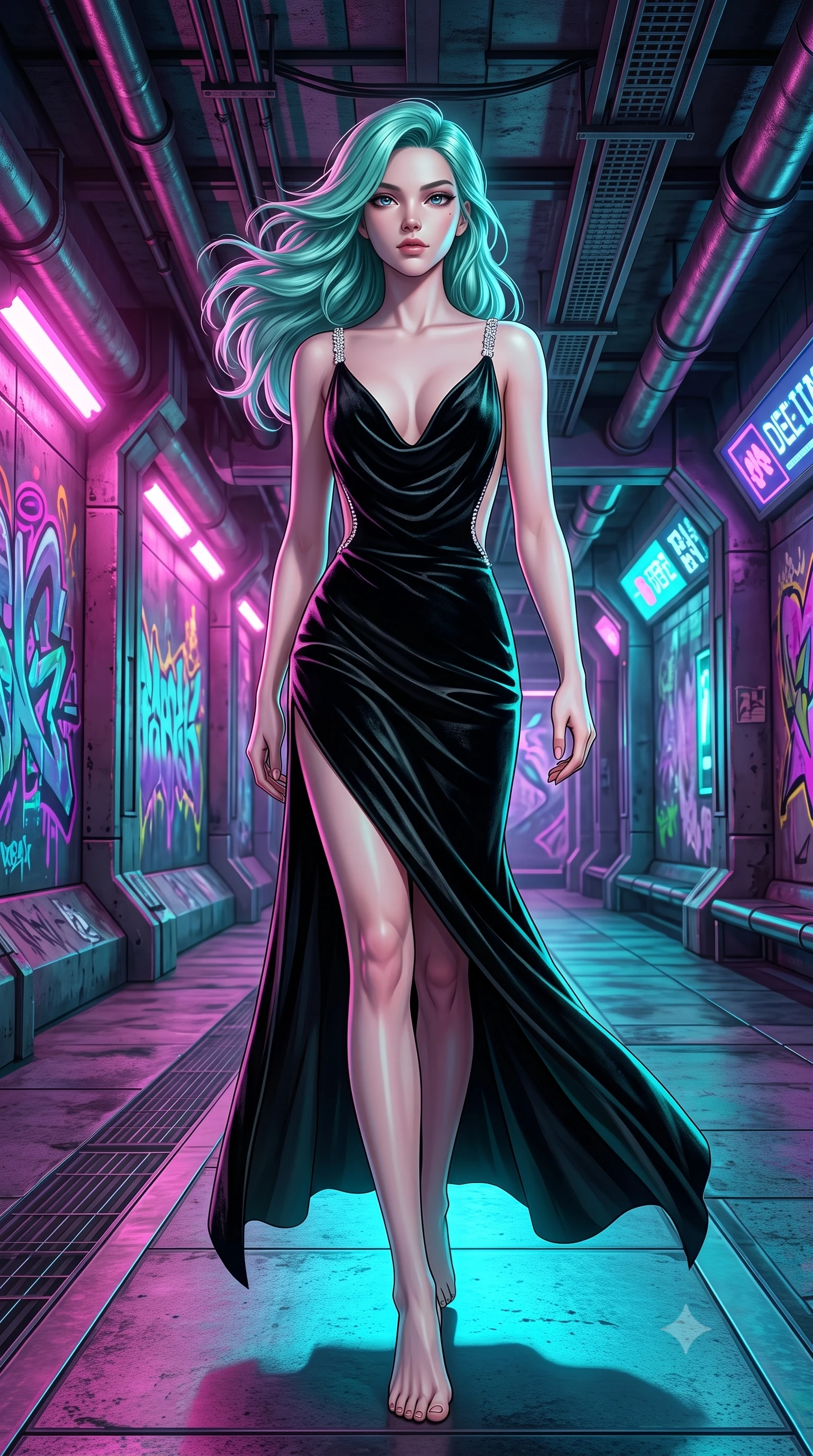score_9, masterpiece, best quality, ultra-detailed, high-budget anime keyframe, semi-realistic 3D game render, editorial fashion photography, tasteful artistic composition, Japanese woman. low angle full-body shot from head to toe showing her feet, filling the entire 9:16 vertical frame with her statuesque presence, stretching her vertical silhouette. striding forward in a proud, dynamic supermodel runway stride, her statuesque vertical silhouette commanding the entire frame while posing dynamically in a futuristic subway station corridor covered in glowing ultraviolet cyber-graffiti murals. The surrounding environment is rendered in vivid detail and crisp panoramic clarity. high-contrast cyberpunk street chiaroscuro and raw urban subway aesthetics rendered with precision. She has an absolutely perfect, statuesque 8.5-heads proportion, an exceptionally tall and slender model-like female figure with impossibly long slender legs, a toned flat midriff, and an ultra-slim waist. sharp v-shaped jawline, high-bridge nose, intricate jewel-like eyes with depth, thick eyelashes, glossy lips with a natural sheen, captivating and magnetic expression, flawlessly proportioned anatomical accuracy, strict slender model proportions, natural body alignment, perfectly sculpted long slender limbs, ultra-slim waistline, clean dynamic posture without body distortion. wearing an opulent backless black velvet evening gown with a plunging cowl back and diamond-encrusted shoulder straps in midnight black and liquid gold, crafted from heavyweight crushed silk velvet with liquid luster, accented with a glittering diamond back chain tracing her bare spine, the breezy yet form-flattering drape swaying gracefully with her steps, accentuating her long willowy limbs and slim waistline. bathed in high-contrast dual lighting of neon pink floodlights and electric cyan underlights. highly saturated vibrant anime colors, detailed shading with soft gradients, rich glossy textures, high-contrast stereoscopic depth, volumetric dynamic lighting, master piece, 9:16 ratio