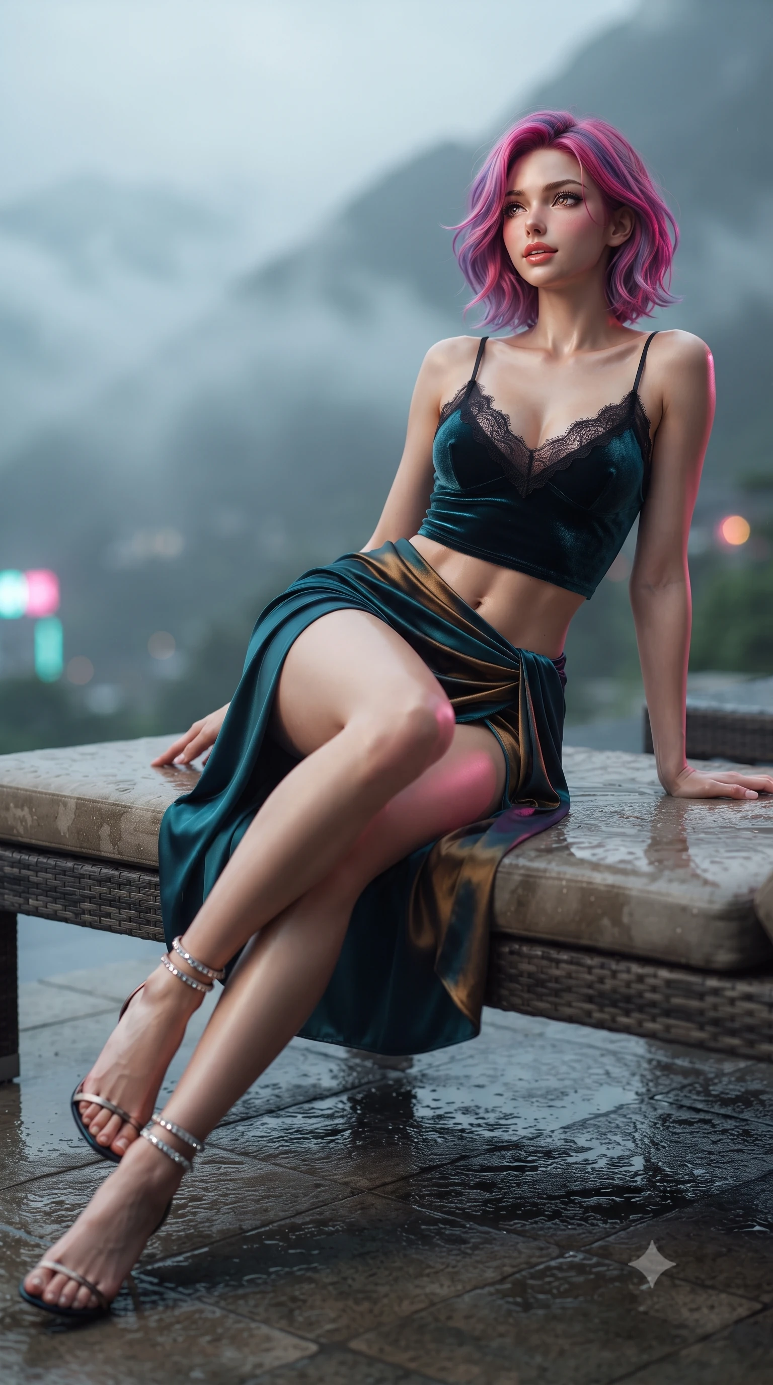 score_9, masterpiece, best quality, ultra-detailed, high-budget anime keyframe, editorial fashion photography, tasteful artistic composition, Caucasian woman. low angle full-body shot from head to toe showing her feet, filling the entire 9:16 vertical frame with her statuesque presence, stretching her vertical silhouette. lounging on the lavish daybed with legs crossed and hips angled toward the camera, displaying her toned midriff and long slender limbs with effortless siren poise while lounging across a wet-stone outdoor chaise lounge propped on one elbow, her flat midriff and long slender limbs commanding the neon abyss. The background shows a soft-focus swirling high-altitude mountain fog softened in cinematic blade-runner shallow focus. She has an absolutely perfect, statuesque 8.5-heads proportion, an exceptionally tall and slender model-like female figure with impossibly long slender legs, an ultra-slim waist, a flat toned midriff, narrow delicate ribcage, and beautifully sculpted feminine hips creating a graceful, slim hourglass silhouette without any bulky heaviness. sharp v-shaped jawline, high-bridge nose, sparkling eyes with hypnotic seductive depth, thick curled eyelashes, glossy parted lips with a natural dewy peach sheen, alluring bedroom-eyes with an enchanting coquettish smile, exuding magnetic siren charisma and sophisticated glamour, flawlessly proportioned anatomical accuracy, strict slender model proportions, natural body alignment, perfectly sculpted long slender limbs, ultra-slim waistline, clean dynamic posture without body distortion. wearing a delicate lace-trimmed silk camisole paired with a draped satin wrap sarong mini skirt with high side slit in deep peacock teal and burnished antique brass, tailored from ultra-plush velvet with rich tactile depth and deep shadow gradients, complemented by strappy stiletto sandals with crystal ankle wraps accentuating her slender calves, the high-slit wrap tailoring accentuating her ultra-slim waistline and the enchanting curve of her feminine hips with alluring seductive charm. illuminated by wet terrace specular reflections and sharp emerald-magenta rim lights sculpting her razor-sharp jawline, narrow waist, and curvy hips. ultra-reflective glossy finish, specular highlights, rich textural contrasts, high-contrast stereoscopic depth, volumetric dynamic lighting, 2k, ultra detail, master piece, 9:16 ratio