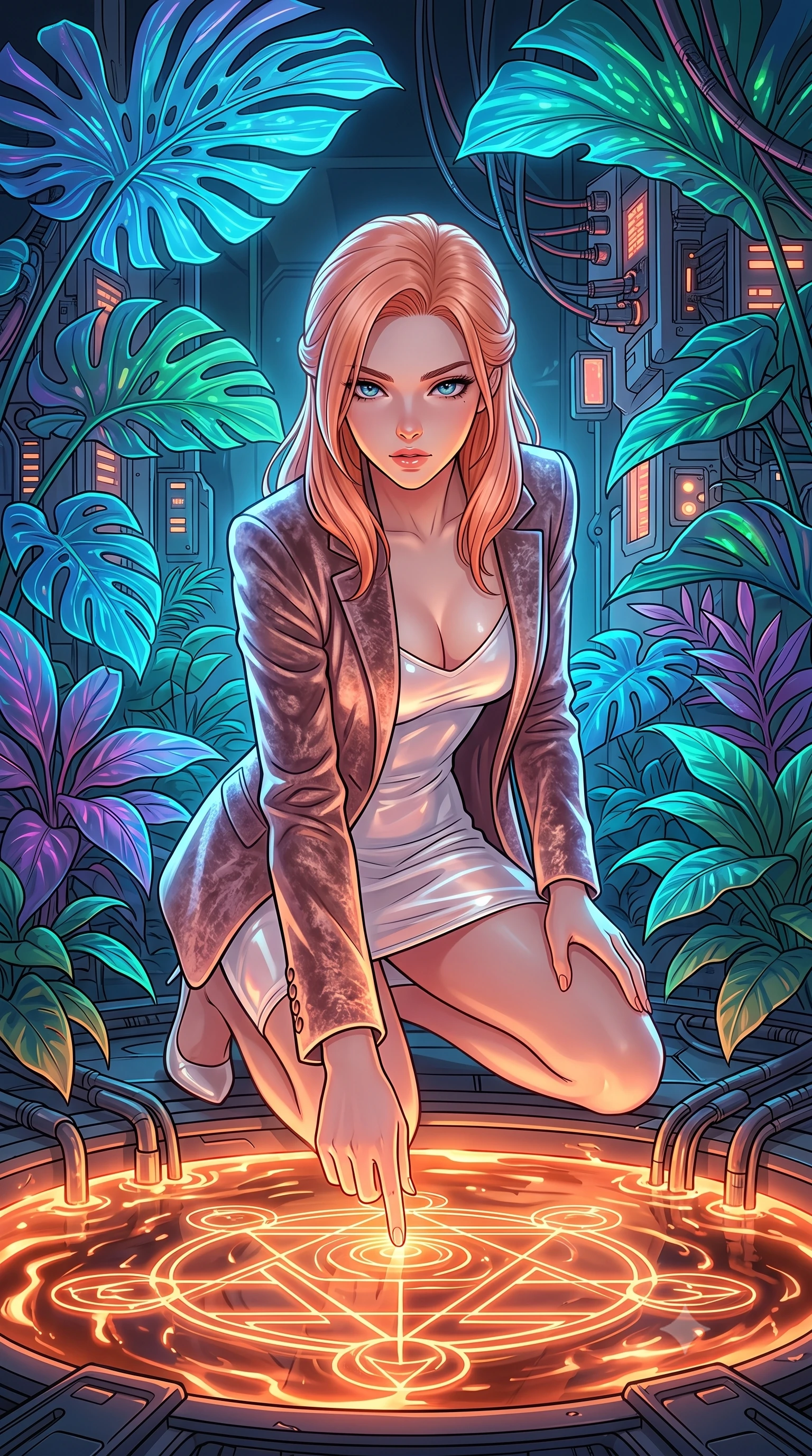score_9, masterpiece, best quality, ultra-detailed, High-budget Anime Keyframe, East Asian woman. Low angle cowboy shot filling the entire 9:16 frame with her statuesque presence. Scenario 528: tracing geometric patterns in a pool of warm liquid copper inside a cybernetic greenhouse filled with giant glowing tropical leaves. Her presence is magnetic and overpowering in this high-budget anime scene. Outfit 528: a slim-fit pearl white translucent PVC slip dress layered under a structured velvet blazer. The clothing is designed to emphasize her exceptionally tall and slender 8-heads proportion. 8-heads proportion, towering silhouette, ultra-slim waist. sharp v-shaped jawline, intricate jewel-like eyes with depth, thick eyelashes, glossy lips. 2k, ultra detail, master piece, 9:16 ratio