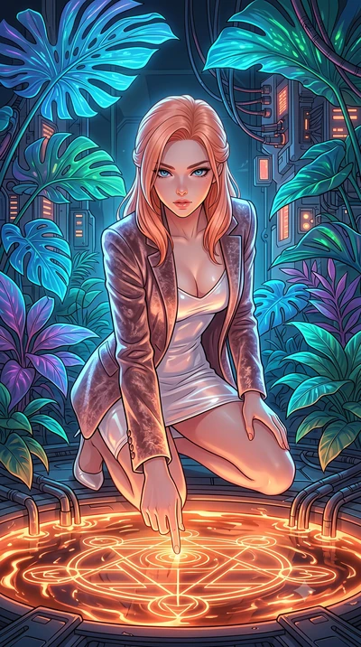 score_9, masterpiece, best quality, ultra-detailed, High-budget Anime Keyframe, East Asian woman. Low angle cowboy shot filling the entire 9:16 frame with her statuesque presence. Scenario 528: tracing geometric patterns in a pool of warm liquid copp