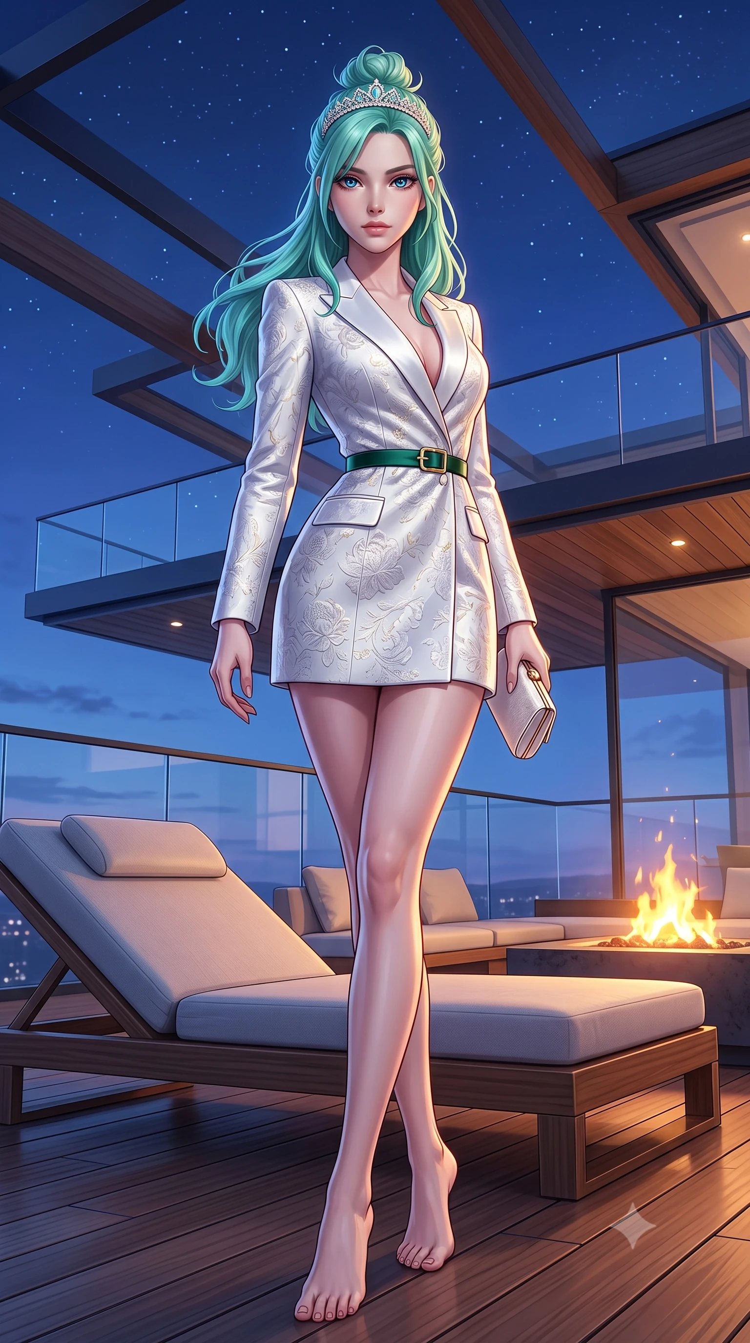 score_9, masterpiece, best quality, ultra-detailed, high-budget anime keyframe, semi-realistic 3D game render, editorial fashion photography, tasteful artistic composition, Japanese woman. low angle full-body shot from head to toe showing her feet, filling the entire 9:16 vertical frame with her statuesque presence, stretching her vertical silhouette. landing lightly on the balls of her feet in a balanced kinetic stance, eyes locked onto the camera with fearless allure while arching her spine in a relaxed yet alluring pose on a modern lounge daybed under starry penthouse skylights. The surrounding environment is rendered in vivid detail and crisp panoramic clarity. crystal-clear penthouse glass railings, modern teak wood decking, and sharp architectural angles in deep focus. She has an absolutely perfect, statuesque 8.5-heads proportion, an exceptionally tall and slender model-like female figure with impossibly long slender legs, a toned flat midriff, and an ultra-slim waist. sharp v-shaped jawline, high-bridge nose, intricate jewel-like eyes with depth, thick eyelashes, glossy lips with a natural sheen, captivating and magnetic expression, flawlessly proportioned anatomical accuracy, strict slender model proportions, natural body alignment, perfectly sculpted long slender limbs, ultra-slim waistline, clean dynamic posture without body distortion. wearing a tailored royal white tuxedo jacket dress with silk satin lapels and a slim gold-buckle belt in deep emerald green satin and gold hardware, made of rich embossed floral silk jacquard with subtle gold thread, accessorized with a sparkling tiara headband and delicate satin clutch, the liquid-tight tailored fabric emphasizing every curve of her tall, slender model proportions and sculptured silhouette during dynamic movement. bathed in twilight indigo sky tones and warm amber rooftop fire pit glow. highly saturated vibrant anime colors, detailed shading with soft gradients, rich glossy textures, high-contrast stereoscopic depth, volumetric dynamic lighting, master piece, 9:16 ratio