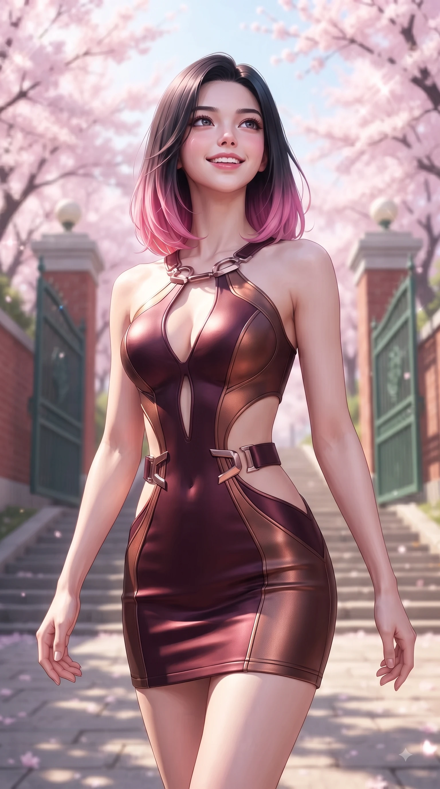 score_9, masterpiece, best quality, ultra-detailed, high-budget anime keyframe, editorial fashion photography, tasteful artistic composition, Korean woman. close-up cowboy shot from the waist and thighs up, the character dominates the composition, filling the frame with her large presence, background elements kept in soft focus. Tilting her chin up with a sweet beaming smile of pure delight while balancing dynamically amidst the scene while walking up a sunlit hill path lined with blooming cherry trees toward a traditional academy gate, classic red-brick school walls and green iron gates framing a sweet academy scene. She has an exceptionally elegant, slender, and willowy female figure with an ultra-slim waist, a gracefully sculpted slender torso, and a refined silhouette. sharp v-shaped jawline, high-bridge nose, intricate jewel-like eyes with depth, thick eyelashes, glossy lips with a natural sheen, flawlessly proportioned anatomical accuracy, natural body alignment, perfectly sculpted elegant limbs, clean dynamic posture without body distortion. wearing a dramatic open-waist cutout mini dress framed by sculptural hardware in deep burgundy and bronze, formed from sleek second-skin neoprene, featuring clean architectural cutouts along her slender torso, the elegant draped fit framing her graceful clavicle and slender torso. illuminated by soft glowing pink ambient light and clear sky refractions. ultra-reflective glossy finish, specular highlights, metallic sheen, high-contrast stereoscopic depth, volumetric dynamic lighting, 2k, ultra detail, master piece, 9:16 ratio