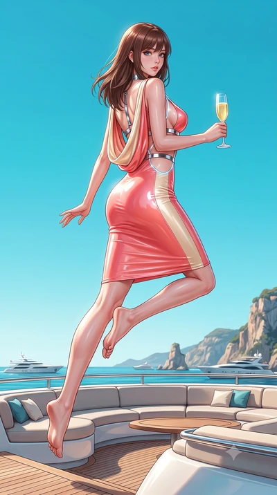 score_9, masterpiece, best quality, ultra-detailed, high-budget anime keyframe, semi-realistic 3D game render, editorial fashion photography, tasteful artistic composition, Korean woman. low angle full-body shot from head to toe showing her feet, fil