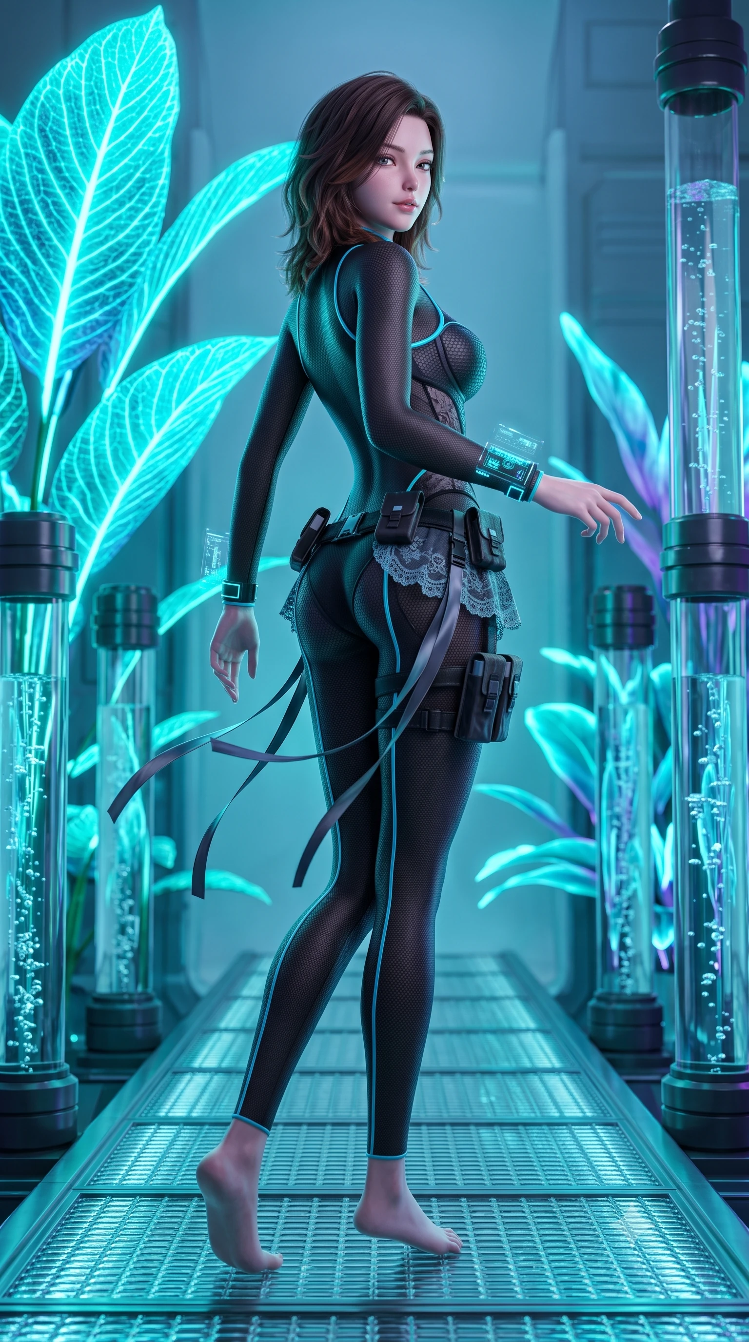 score_9, masterpiece, best quality, ultra-detailed, high-budget anime keyframe, semi-realistic 3D game render, editorial fashion photography, tasteful artistic composition, Korean woman. low angle full-body shot from head to toe showing her feet, filling the entire 9:16 vertical frame with her statuesque presence, stretching her vertical silhouette. executing a cheerful mid-motion pivot turn as her tactical belt and ribbons flutter around her slender legs, glancing over her shoulder with an intoxicating, teasing bedroom-gaze while walking slowly down the glass catwalk surrounded by towering glowing neon flora, arching her back with an ethereal, sovereign expression. The surrounding environment is rendered in vivid detail and crisp panoramic clarity: sharp translucent plant leaf venation, nutrient pipe bubbles, and glass catwalk grating texture in deep focus. She has an absolutely perfect, statuesque 8.5-heads proportion, an exceptionally tall and slender model-like female figure with impossibly long slender legs, an ultra-slim waist, a flat toned midriff, narrow delicate ribcage, and beautifully sculpted feminine hips creating a graceful, slim hourglass silhouette without any bulky heaviness. sharp v-shaped jawline, high-bridge nose, intricate jewel-like sparkling eyes with depth, thick eyelashes, glossy parted lips with a natural sheen, bright confident smile with an enchanting and coquettish sensual glint, exuding both youthful magnetic charm and sovereign high-tech allure, flawlessly proportioned anatomical accuracy, strict slender model proportions, natural body alignment, perfectly sculpted long slender limbs, ultra-slim waistline, clean dynamic posture without body distortion. wearing a form-contouring semi-opaque dark mesh catsuit with carbon-plated cups and fine lace-pattern panels across her torso in matte obsidian black and glowing neon cyan trim, woven from delicate semi-opaque high-tensile nano-mesh with intricate hexagonal micro-patterns, featuring sleek glowing cyan HUD display wrist cuffs with floating data telemetry, the liquid-tight tailored fabric clinging flawlessly to her narrow waist and rounded feminine hips, emphasizing every millimeter of her sculpted slim hourglass curves without any bulky heaviness. bathed in cool ethereal aqua and ultraviolet bioluminescent light radiating from living plants. highly saturated vibrant anime colors, detailed shading with soft gradients, rich glossy textures, high-contrast stereoscopic depth, volumetric dynamic lighting, master piece, 9:16 ratio