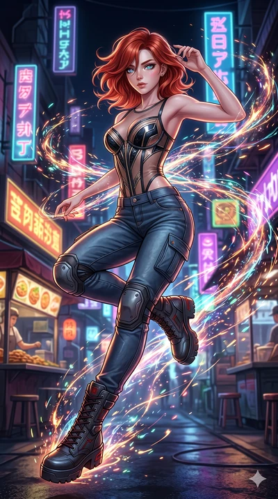 score_9, masterpiece, best quality, ultra-detailed, Set A: High-budget Anime Keyframe, Caucasian (strictly human ears) woman. Low angle cowboy shot filling the entire 9:16 frame with her statuesque presence. Leaping through a futuristic night market,