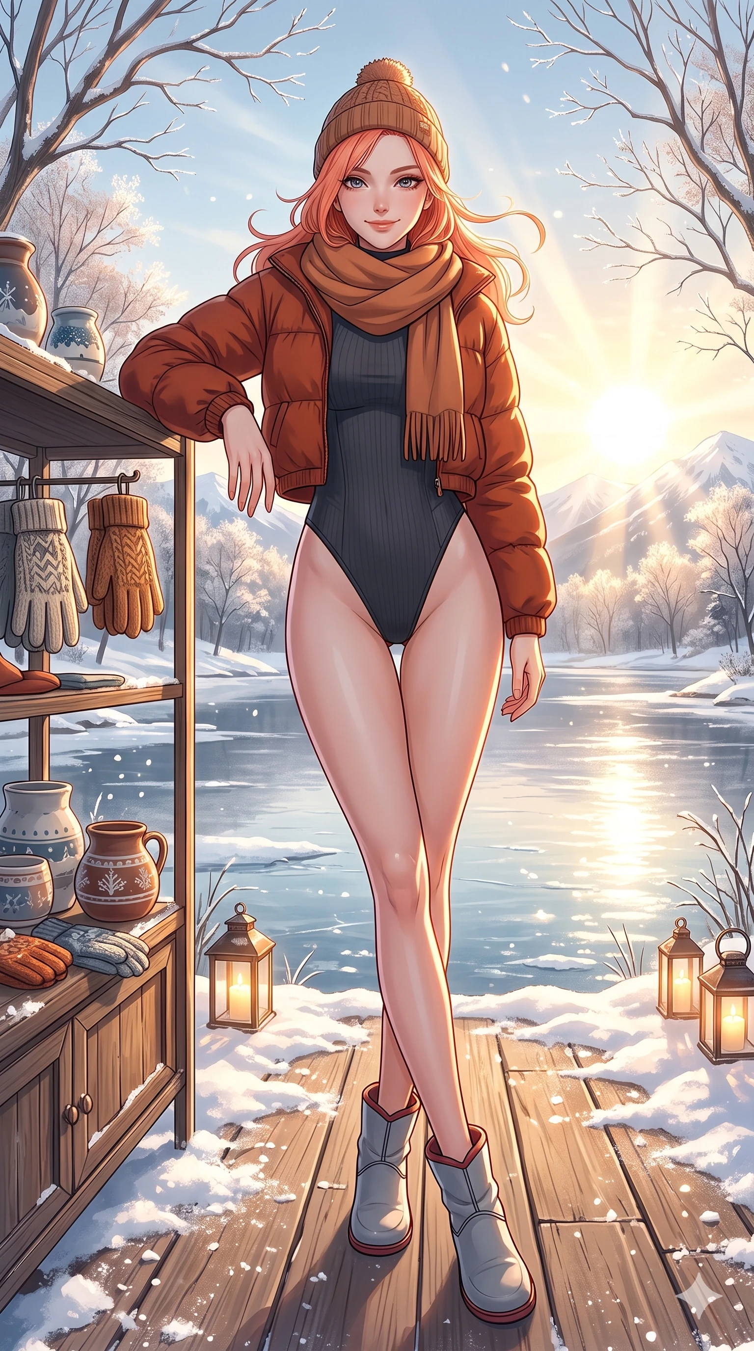 score_9, masterpiece, best quality, ultra-detailed, high-budget anime keyframe, vibrant anime aesthetic, Japanese woman. low angle full-body shot from head to toe showing her feet, filling the entire 9:16 vertical frame with her statuesque presence, stretching her vertical silhouette. She is leaning against a boutique display, smiling warmly with a playful half-smile by a scenic lakeside wooden deck in the morning winter sun (Code-P21-046). She has an absolutely perfect 8-heads proportion, an exceptionally tall and slender female figure with impossibly long slender legs and an ultra-slim waist. V-shaped jawline, high-bridge nose, intricate jewel-like eyes with depth, thick eyelashes, glossy lips with a natural sheen. wearing a high-cut leg bodysuit under a cropped puffer jacket with an exposed waist. She is drenched in bright, warm sunbeams reflecting off the snowy ground, casting dancing highlights. 2k, ultra detail, master piece, 9:16 ratio