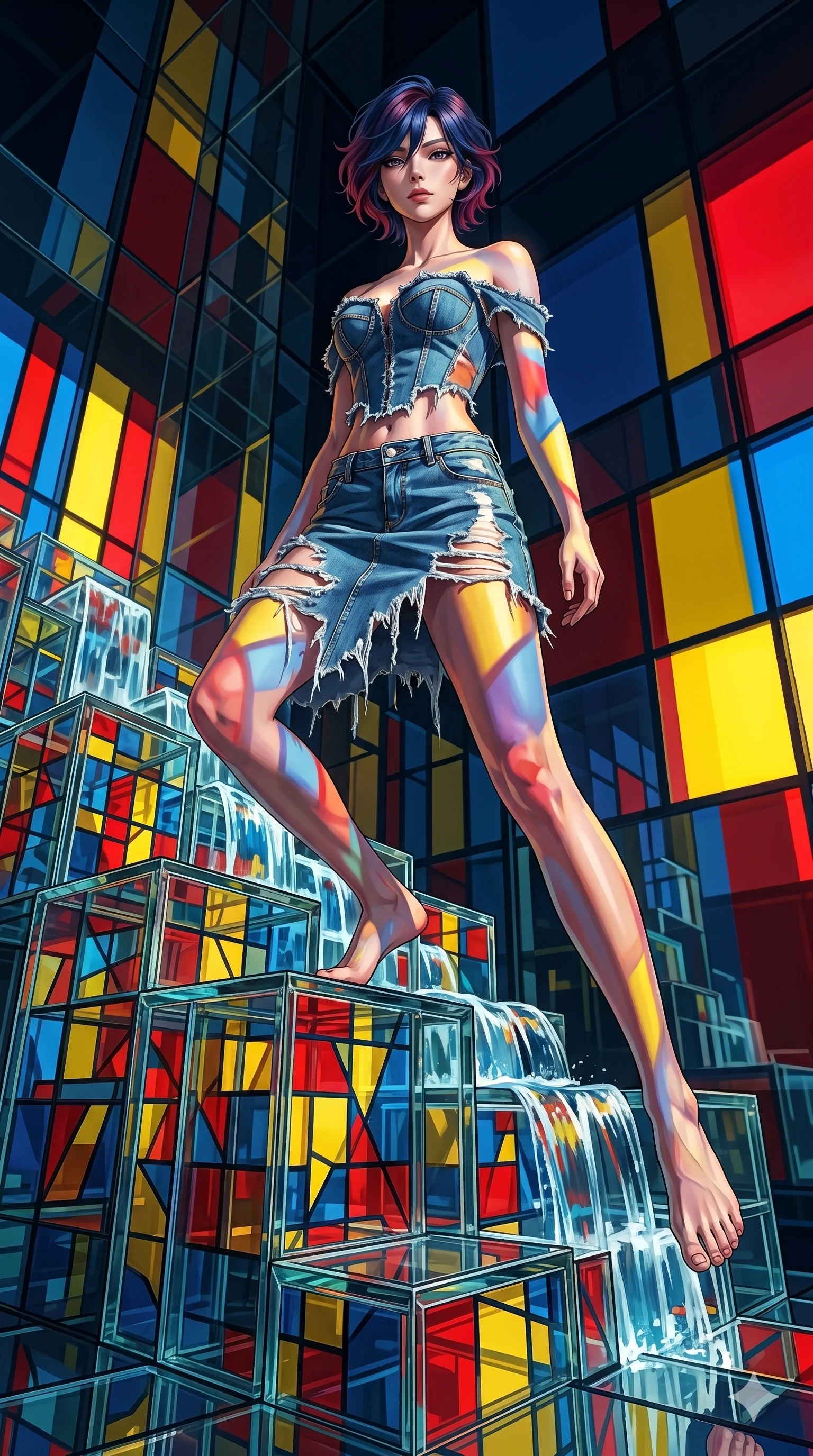 score_9, masterpiece, best quality, ultra-detailed, high-budget anime keyframe, Caucasian woman, strictly human ears. low angle full-body shot filling the entire 9:16 frame with her statuesque presence, stretching the vertical silhouette. balancing on cubist glass blocks that cascade like a waterfall, reflecting complex mosaic patterns and primary colors. She has an absolutely perfect 8-heads proportion, an exceptionally tall and slender female figure with impossibly long slender legs and an ultra-slim waist. V-shaped jawline, high-bridge nose, intricate jewel-like eyes with depth, thick eyelashes, glossy lips with a natural sheen.. wearing a deconstructed denim corset and an asymmetric ripped denim structured mini skirt, showcasing a rugged yet chic off-shoulder style. accented by dynamic color-blocked lighting with high-contrast shadows emphasizing her statuesque height. 2k, ultra detail, master piece, 9:16 ratio