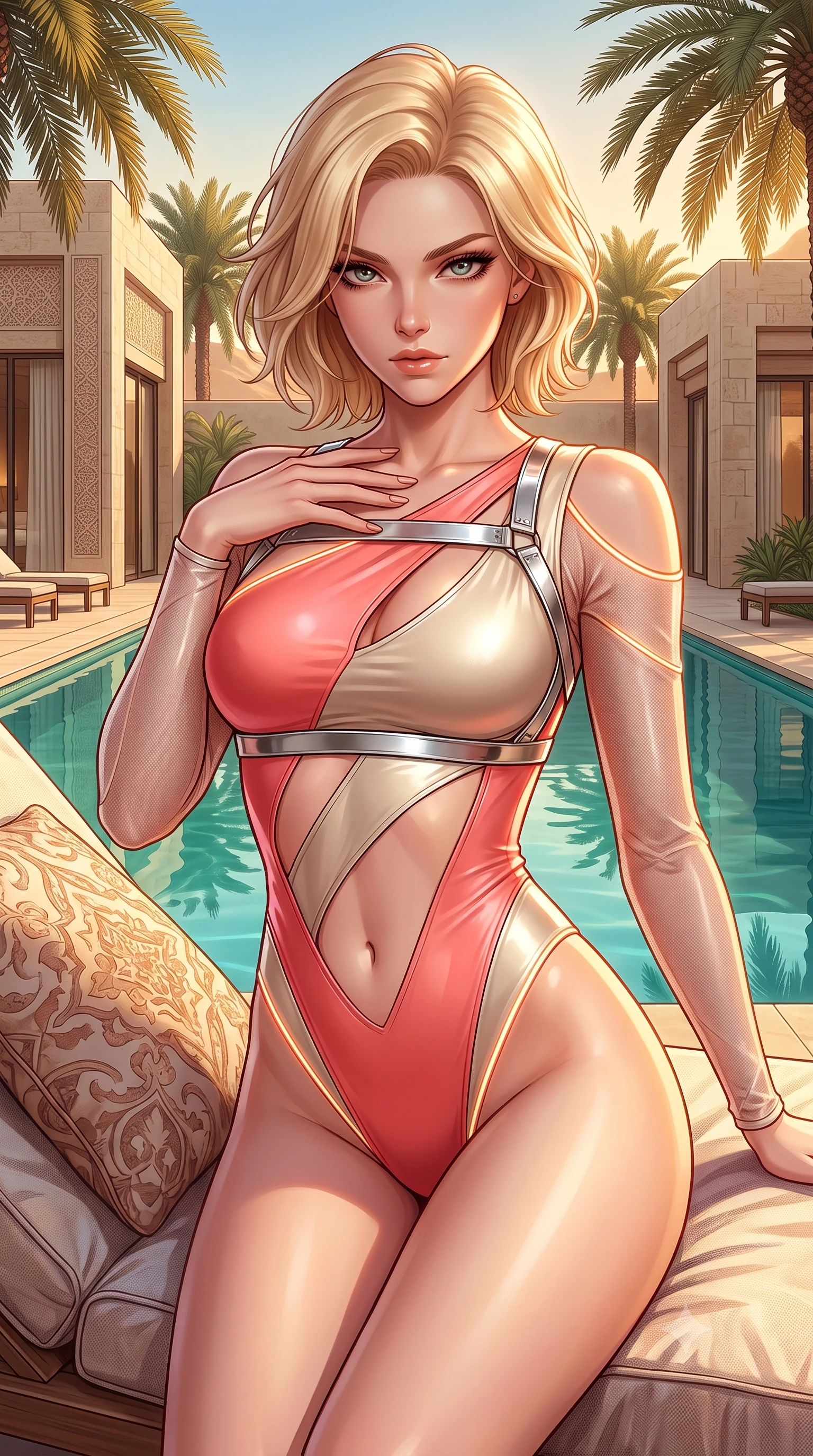 score_9, masterpiece, best quality, ultra-detailed, high-budget anime keyframe, semi-realistic 3D game render, editorial fashion photography, tasteful artistic composition, Caucasian woman. close-up cowboy shot from the waist and thighs up, the character dominates the composition, filling the frame with her large presence. leaning forward with a dangerous, enticing smolder, resting one hand near her collarbone while casting a fiery, magnetic direct gaze while reclining on a plush sunbed beside an emerald oasis pool flanked by modern desert villa architecture at golden hour. The surrounding environment is rendered in vivid detail and crisp panoramic clarity. intricate modern limestone villa textures, swaying date palm fronds, and calm pool reflections in deep focus. She has an exceptionally elegant, slender, and willowy female figure with an ultra-slim waist, a gracefully sculpted slender torso, toned flat midriff, and a refined slim silhouette. sharp v-shaped jawline, high-bridge nose, intricate jewel-like eyes with depth, thick eyelashes, glossy lips with a natural sheen, flawlessly proportioned anatomical accuracy, strict slender model proportions, natural body alignment, perfectly sculpted long slender limbs, ultra-slim waistline, clean dynamic posture without body distortion. wearing an ultra-sleek high-cut tech-bodysuit featuring dangerous diagonal slitted cutouts on the midriff and shoulders, reinforced by a metallic silver harness and sheer mesh sleeves in radiant coral pink and champagne ivory, made of liquid metal jersey that clings flawlessly to every contour of her build, accented with glowing fiber-optic seams tracing her collarbones and hip curves, the precision-cut daring openings accentuating her delicate midriff, graceful bare collarbones, and ultra-slim feminine waistline. surrounded by an exotic, romantic, and intensely magnetic golden desert luxury aura. highly saturated vibrant anime colors, detailed shading with soft gradients, rich glossy textures, high-contrast stereoscopic depth, volumetric dynamic lighting, master piece, 9:16 ratio