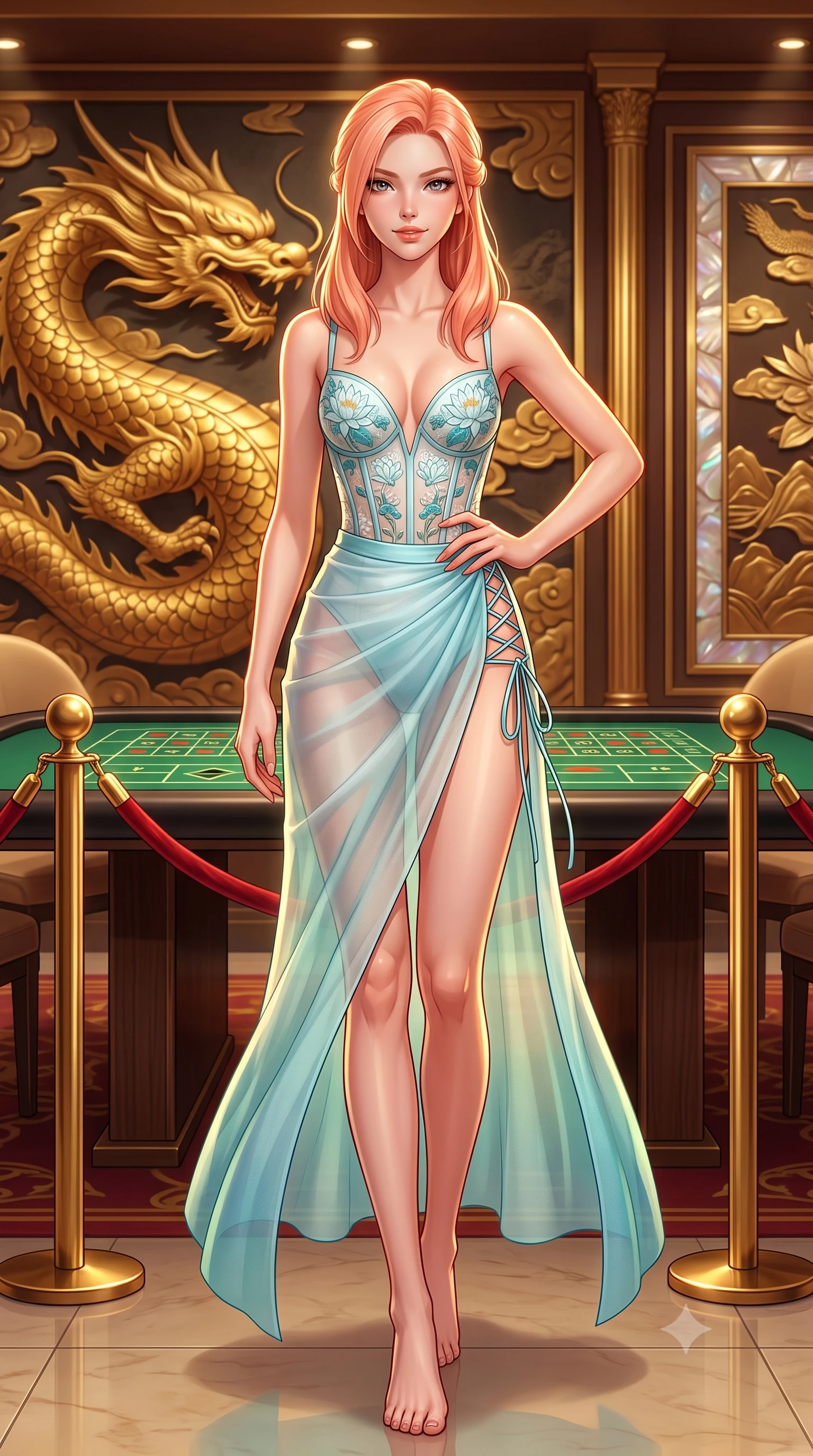 score_9, masterpiece, best quality, ultra-detailed, high-budget anime keyframe, semi-realistic 3D game render, editorial fashion photography, tasteful artistic composition, Japanese woman. low angle full-body shot from head to toe showing her feet, filling the entire 9:16 vertical frame with her statuesque presence, stretching her vertical silhouette. stepping slowly toward the camera with hypnotic grace, hips swaying in an alluring sensual rhythm that accentuates her curvy hourglass silhouette and long slender legs while standing poised behind the velvet-roped VIP entrance, one hand resting on her sculpted hip with sovereign femme fatale elegance. The surrounding environment is rendered in vivid detail and crisp panoramic clarity: sharp gold-leaf scale carvings on the dragon mural, green felt table weave, and embossed mother-of-pearl plaque edges in deep focus. She has an absolutely perfect, statuesque 8.5-heads proportion, an exceptionally tall and slender model-like female figure with impossibly long slender legs, an ultra-slim waist, a flat toned midriff, narrow delicate ribcage, and beautifully sculpted feminine hips creating a graceful, slim hourglass silhouette without any bulky heaviness. sharp v-shaped jawline, high-bridge nose, sparkling eyes with hypnotic seductive depth, thick curled eyelashes, glossy parted lips with a natural dewy peach sheen, alluring bedroom-eyes with an enchanting coquettish smile, exuding magnetic siren charisma and sophisticated glamour, flawlessly proportioned anatomical accuracy, strict slender model proportions, natural body alignment, perfectly sculpted long slender limbs, ultra-slim waistline, clean dynamic posture without body distortion. wearing a plunging sweetheart-neckline boned corset top with pressed flower embroidery paired with a sheer organza wrap skirt in celestial water-lily white and shimmering aquamarine, tailored from fine breathable linen with soft natural texture and elegant drape, featuring fine criss-cross lace-up side ties revealing tantalizing glimpses of her hip curve, the high-slit wrap tailoring accentuating her ultra-slim waistline and the enchanting curve of her feminine hips with alluring seductive charm. illuminated by polished table lacquer bounce and sharp warm-gold rim lights sculpting her jawline, flat midriff, and voluptuous hip curves. highly saturated vibrant anime colors, detailed shading with soft gradients, rich glossy textures, high-contrast stereoscopic depth, volumetric dynamic lighting, master piece, 9:16 ratio