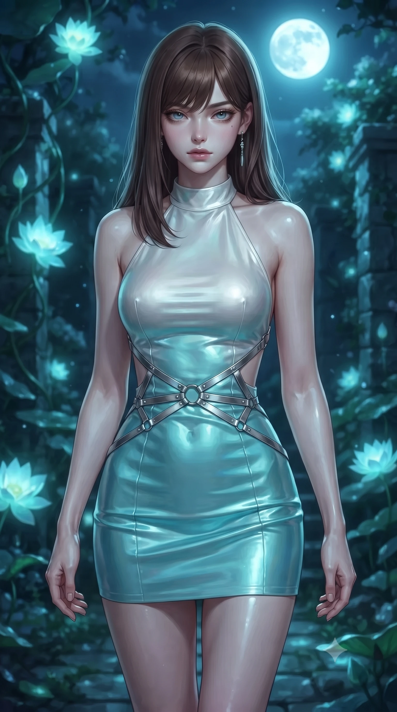 score_9, masterpiece, best quality, ultra-detailed, high-budget anime keyframe, editorial fashion photography, tasteful artistic composition, Korean woman. close-up cowboy shot from the waist and thighs up, the character dominates the composition, filling the frame with her large presence, background elements kept in soft focus. Casting a slow, direct gaze beneath heavy lashes with quiet intensity, walking through a shadowy garden filled with glowing opal lotus vines under a full moon, translucent water reflections dancing gently on garden stone walls. She has an exceptionally elegant, slender, and willowy female figure with an ultra-slim waist, a gracefully sculpted slender torso, and a refined silhouette. sharp v-shaped jawline, high-bridge nose, intricate jewel-like eyes with depth, thick eyelashes, glossy lips with a natural sheen. wearing backless liquid vinyl mini slip dress with bare shoulder halter neckline in pearl white, made of iridescent turquoise taffeta, highlighted by a platinum metallic harness structure, highlighting her statuesque proportions and ultra-slim waistline. illuminated by soft bioluminescent turquoise light from moonflowers and silver moonbeams. ultra-reflective glossy finish, specular highlights, metallic sheen, high-contrast stereoscopic depth, volumetric dynamic lighting, 2k, ultra detail, master piece, 9:16 ratio