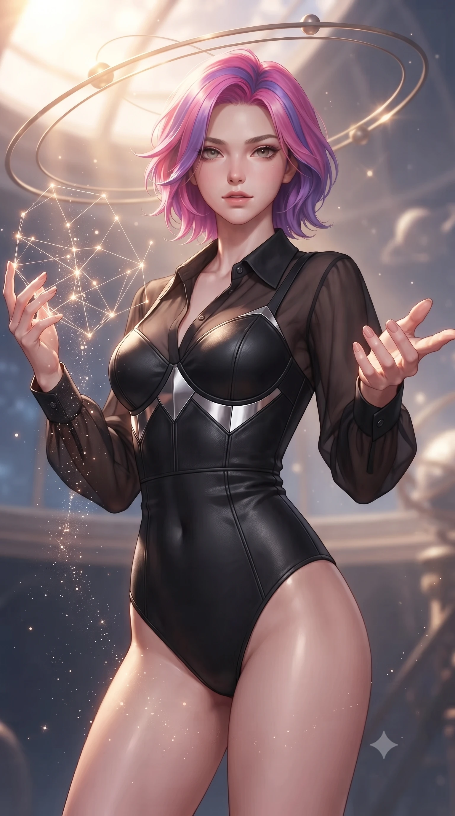score_9, masterpiece, best quality, ultra-detailed, high-budget anime keyframe, editorial fashion photography, tasteful artistic composition, Caucasian woman. close-up cowboy shot from the waist and thighs up, the character dominates the composition, filling the frame with her large presence, background elements kept in soft focus. Reaching one hand gracefully toward the viewer with effortless superiority and allure navigating a constellation map woven from starlight threads, starlight particles falling like a golden shower around her. She has an exceptionally elegant, slender, and willowy female figure with an ultra-slim waist, a gracefully sculpted slender torso, and a refined silhouette. sharp v-shaped jawline, high-bridge nose, intricate jewel-like eyes with depth, thick eyelashes, glossy lips with a natural sheen. wearing a tailored leather bustier over a sheer silk chiffon blouse in matte black and polished silver, crafted from smooth liquid silk, featuring subtle geometric cutouts that highlight her ultra-slim midriff, the glove-like fit emphasizing her statuesque silhouette. bathed in warm sunbursts filtering through floating orbital rings. ultra-reflective glossy finish, specular highlights, metallic sheen, high-contrast stereoscopic depth, volumetric dynamic lighting, 2k, ultra detail, master piece, 9:16 ratio