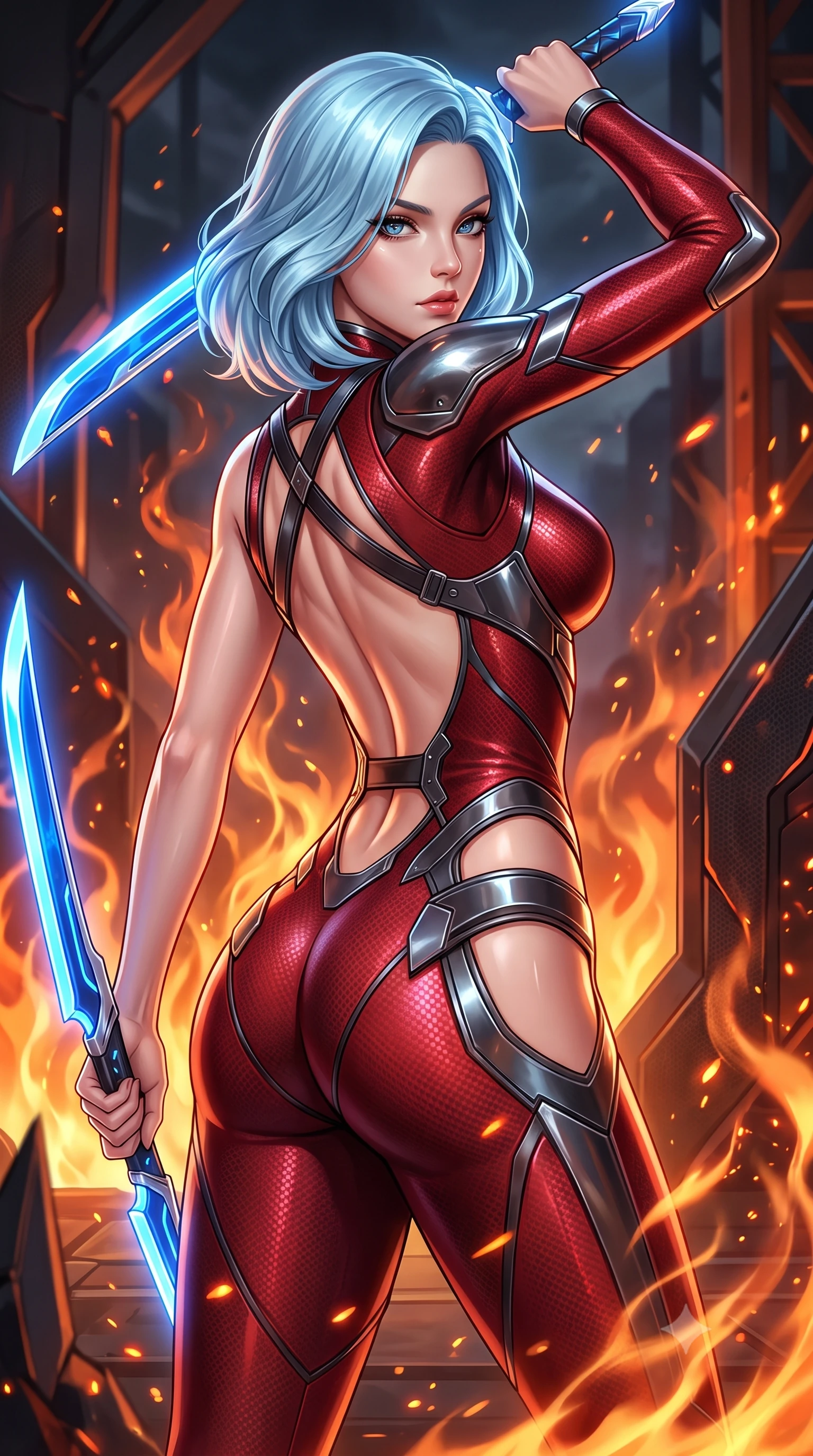 score_9, masterpiece, best quality, ultra-detailed, high-budget anime keyframe, semi-realistic 3D game render, editorial fashion photography, tasteful artistic composition, Korean woman. close-up cowboy shot from the waist and thighs up, the character dominates the composition, filling the frame with her large presence. twisting her upper body in a dynamic S-curve combat stance, one hand steadying her weapon with commanding supermodel allure while arching her spine in a fluid stretch as rising heat waves and orange embers swirl around her sculpted silhouette. The surrounding environment is rendered in vivid detail and crisp panoramic clarity. sharp heat-resistant carbon armor plate edges, magma bubble bursts, and steel support beams in high resolution. She has an exceptionally elegant, slender, and willowy female figure with an ultra-slim waist, a gracefully sculpted slender torso, toned flat midriff, and a refined slim silhouette. sharp v-shaped jawline, high-bridge nose, intricate jewel-like eyes with depth, thick eyelashes, glossy lips with a natural sheen, flawlessly proportioned anatomical accuracy, strict slender model proportions, natural body alignment, perfectly sculpted long slender limbs, ultra-slim waistline, clean dynamic posture without body distortion. wearing a skin-tight crimson carbon-weave combat leotard with metallic dark chrome plating and hip-accentuating cutouts, holding twin glowing high-frequency vibro-blades with effortless supermodel poise in electric cobalt blue carbon with polished platinum trim, formed from high-gloss patent carbon-plating with specular chiaroscuro reflections, complemented by criss-cross back harness straps highlighting her completely bare spine, the liquid-tight tailored fabric emphasizing every curve of her tall, slender model proportions and sculptured silhouette during dynamic movement. surrounded by a fierce, elemental, and irresistibly powerful cyber-valkyrie of fire atmosphere. rich saturated anime colors with glowing neon highlights, detailed shading with soft gradients, rich glossy textures, high-contrast stereoscopic depth, volumetric dynamic lighting, master piece, 9:16 ratio