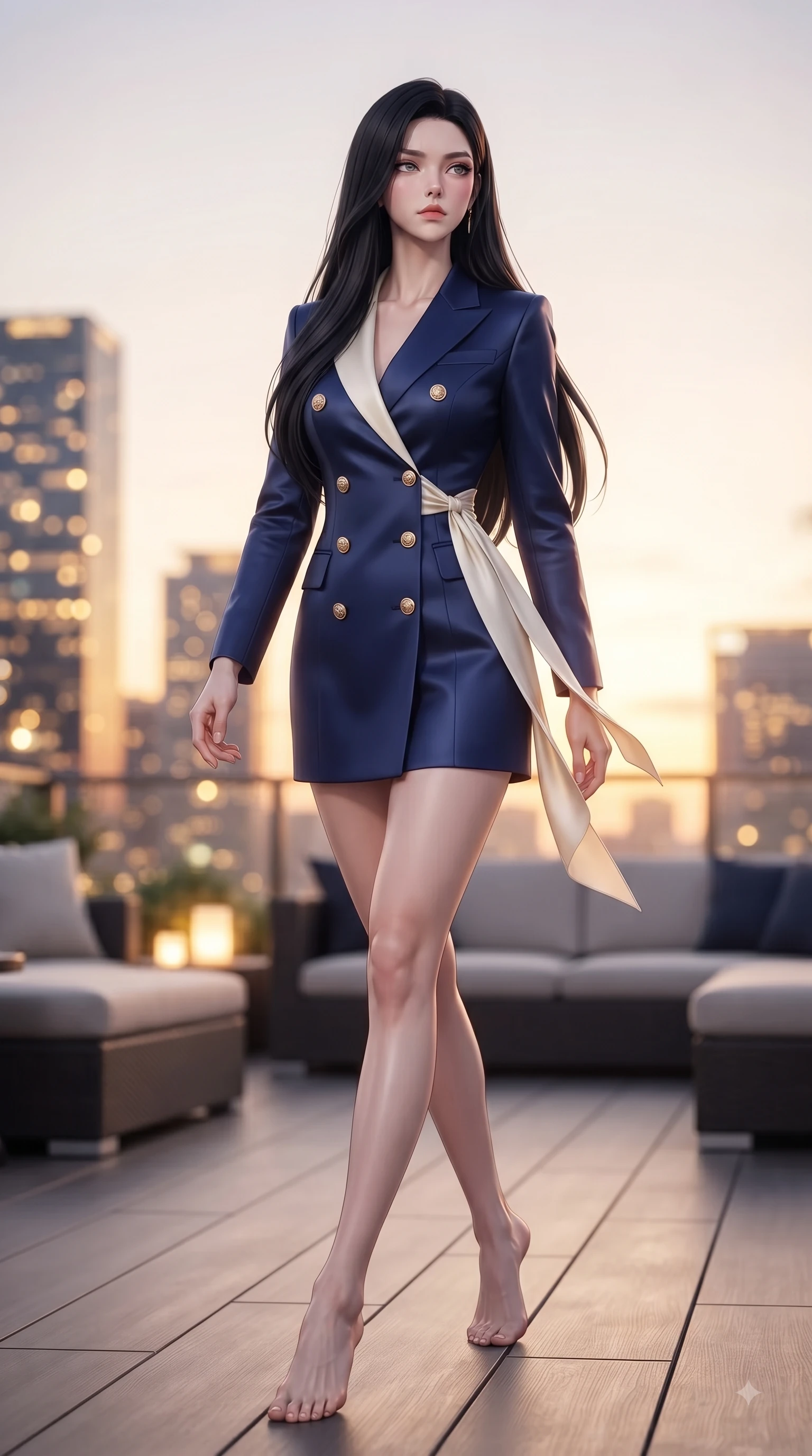 score_9, masterpiece, best quality, ultra-detailed, high-budget anime keyframe, editorial fashion photography, tasteful artistic composition, Korean woman. low angle full-body shot from head to toe showing her feet, filling the entire 9:16 vertical frame with her statuesque presence, stretching her vertical silhouette. Cool disdainful expression looking past the camera with effortless superiority and a stoic facial line while stepping gracefully onto an open-air rooftop lounge as golden sunset city lights twinkle. The composition keeps background elements in soft focus with dreamy bokeh. twinkling city tower lights and glowing sunset sky blurred into sparkling urban bokeh. She has an absolutely perfect, statuesque 8.5-heads proportion, an exceptionally tall and slender model-like female figure with impossibly long slender legs and an ultra-slim waist. sharp v-shaped jawline, high-bridge nose, intricate jewel-like eyes with depth, thick eyelashes, glossy lips with a natural sheen, flawlessly proportioned anatomical accuracy, natural body alignment, perfectly sculpted elegant limbs, clean dynamic posture without body distortion. wearing a royal navy blue double-breasted blazer dress accented with gold crest buttons in royal navy blue and pure ivory, crafted from smooth liquid silk satin, accented with a delicate side waist sash creating fluid lines, the fluid drape swaying gracefully with her dynamic editorial movement. surrounded by an opulent, glamorous, and high-fashion nightlife editorial aura. ultra-reflective glossy finish, specular highlights, metallic sheen, high-contrast stereoscopic depth, volumetric dynamic lighting, 2k, ultra detail, master piece, 9:16 ratio