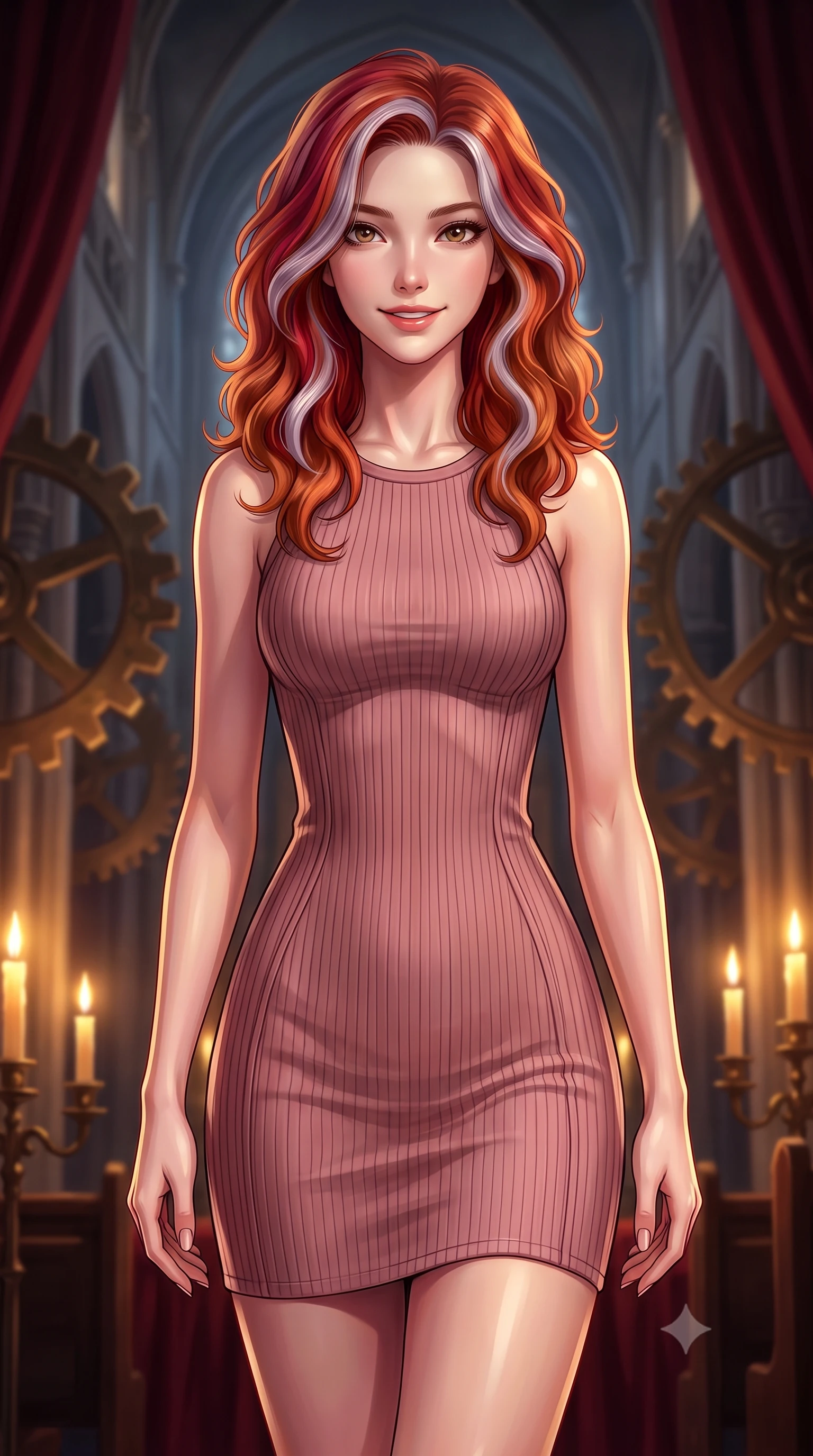 score_9, masterpiece, best quality, ultra-detailed, high-budget anime keyframe, editorial fashion photography, tasteful artistic composition, Caucasian woman woman. close-up cowboy shot from the waist and thighs up, the character dominates the composition, filling the frame with her large presence, background elements kept in soft focus. She has an exceptionally elegant, slender, and willowy female figure with an ultra-slim waist, a gracefully sculpted slender torso, and a refined silhouette. smiling with quiet, magnetic self-assurance directly into the camera lens, flawlessly proportioned anatomical accuracy, natural body alignment, perfectly sculpted elegant limbs, clean dynamic posture without body distortion. set against a soft-focus background of a high space cathedral nave with rotating bronze gears and velvet drapes. wearing a sculpted dusty rose ribbed knit bodycon dress with form-contouring side seams. bathed in dramatic chiaroscuro key light with flickering golden candlelight. highly saturated vibrant anime colors, detailed shading with soft gradients, rich glossy textures, high-contrast stereoscopic depth, volumetric dynamic lighting, master piece, 9:16 ratio