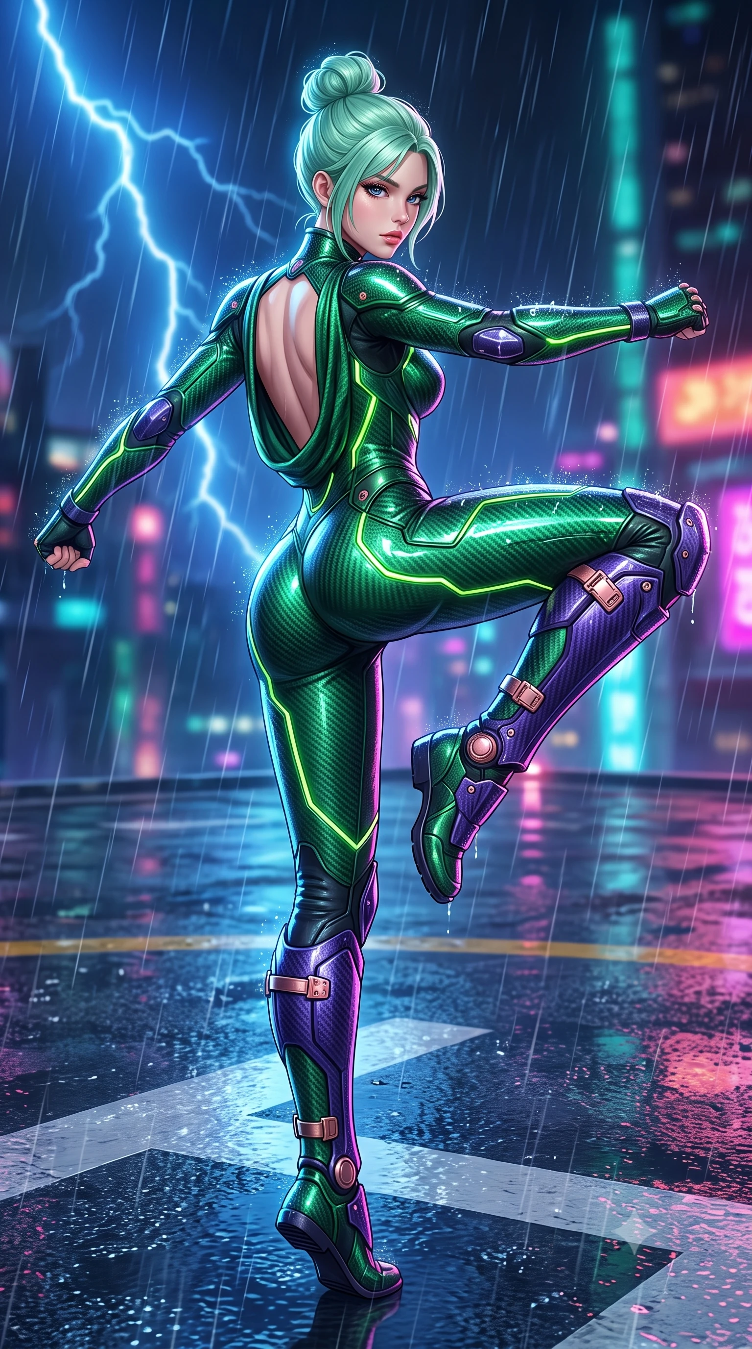 score_9, masterpiece, best quality, ultra-detailed, high-budget anime keyframe, semi-realistic 3D game render, editorial fashion photography, tasteful artistic composition, Japanese woman. low angle full-body shot from head to toe showing her feet, filling the entire 9:16 vertical frame with her statuesque presence, stretching her vertical silhouette. pivoting dynamically in a high-speed low sweep kick along the reflective floor, her athletic torso and ultra-slim waist twisting in a fluid arc of power while shifting gracefully into a low Panzer Kunst ready stance as rain streams off her sleek second-skin carbon armor. The surrounding environment is rendered in vivid detail and crisp panoramic clarity. sharp raindrop beads on polished carbon plates, razor-sharp air-distortion wave edges, and wet helipad in deep focus. She has an absolutely perfect, statuesque 8.5-heads proportion, an exceptionally tall and slender model-like female figure with impossibly long slender legs, a toned flat midriff, and an ultra-slim waist. sharp v-shaped jawline, high-bridge nose, intricate jewel-like eyes with depth, thick eyelashes, glossy lips with a natural sheen, flawlessly proportioned anatomical accuracy, strict slender model proportions, natural body alignment, perfectly sculpted long slender limbs, ultra-slim waistline, clean dynamic posture without body distortion. wearing a tailored emerald-green carbon-fiber tactical jumpsuit with glowing lime LED channels, open cowl back, and reinforced combat shin-guards in royal purple carbon fiber with rose-gold hardware and clasps, formed from high-gloss patent carbon-plating with specular chiaroscuro reflections, finished with high-mobility flexible limb seams and miniature magnetic armor locks, the sleek second-skin cut tightly hugging her graceful clavicle, narrow waist, and feminine curves with athletic precision. bathed in dramatic blue lightning flashes and vibrant neon city ambient reflections. rich saturated anime colors with glowing neon highlights, detailed shading with soft gradients, rich glossy textures, high-contrast stereoscopic depth, volumetric dynamic lighting, master piece, 9:16 ratio