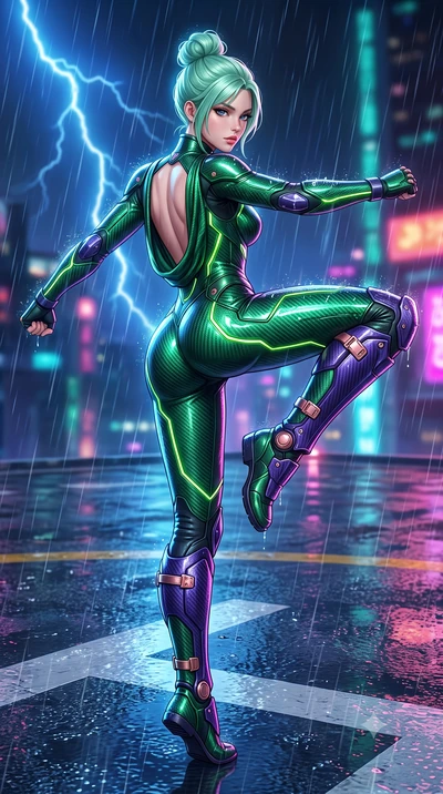 score_9, masterpiece, best quality, ultra-detailed, high-budget anime keyframe, semi-realistic 3D game render, editorial fashion photography, tasteful artistic composition, Japanese woman. low angle full-body shot from head to toe showing her feet, f