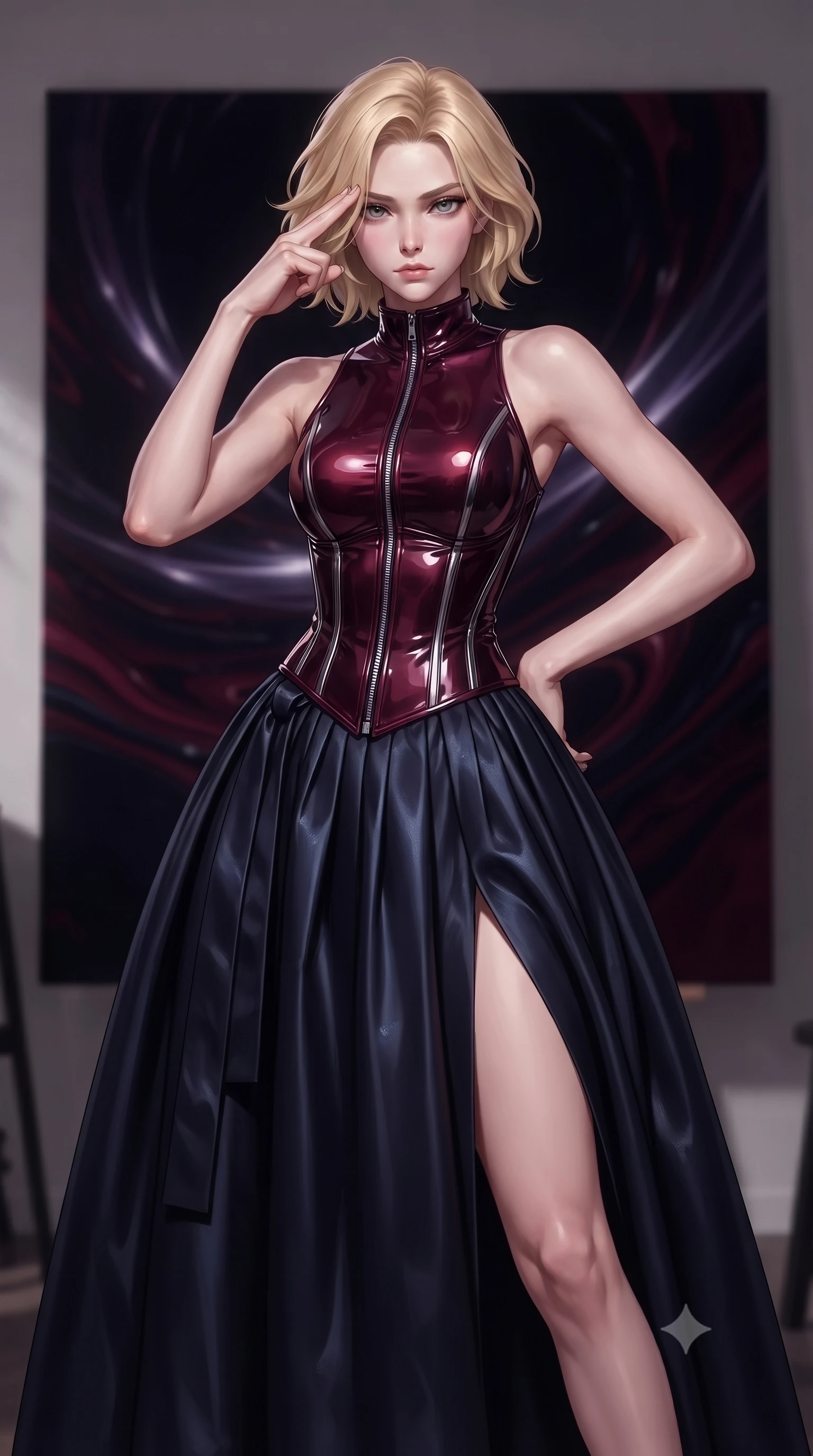 score_9, masterpiece, best quality, ultra-detailed, high-budget anime keyframe, editorial fashion photography, tasteful artistic composition, Caucasian woman. close-up cowboy shot from the waist and thighs up, the character dominates the composition, filling the frame with her large presence, background elements kept in soft focus. Pressing two fingers to her temple in a composed, sharp thoughtful gesture, resting near a giant dark canvas emitting subtle dark violet light ribbons, viscous swirls of dark burgundy, navy, and obsidian paint frozen mid-air. She has an exceptionally elegant, slender, and willowy female figure with an ultra-slim waist, a gracefully sculpted slender torso, and a refined silhouette. sharp v-shaped jawline, high-bridge nose, intricate jewel-like eyes with depth, thick eyelashes, glossy lips with a natural sheen. wearing modern fusion dark hanbok dress with structured obsidian bodice in deep crimson burgundy, made of high-gloss liquid vinyl, finished with metallic silver boning and sleek zipper points, highlighting her statuesque proportions and ultra-slim waistline. bathed in deep crimson and navy fluid reflections against pitch-black shadows. ultra-reflective glossy finish, specular highlights, metallic sheen, high-contrast stereoscopic depth, volumetric dynamic lighting, 2k, ultra detail, master piece, 9:16 ratio