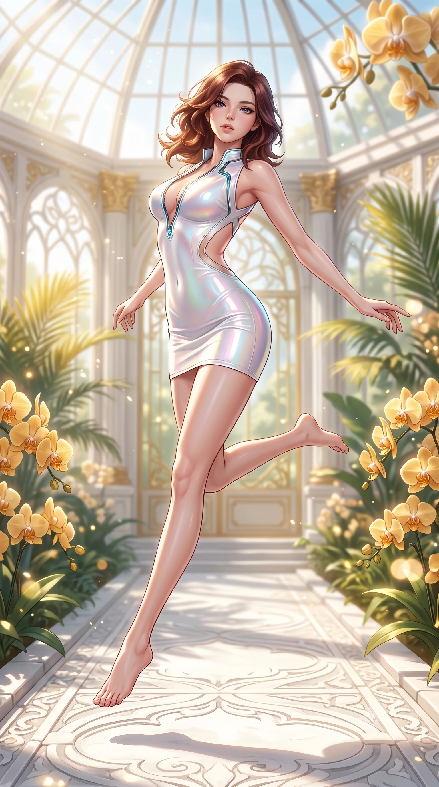 score_9, masterpiece, best quality, ultra-detailed, high-budget anime keyframe, semi-realistic 3D game render, editorial fashion photography, tasteful artistic composition, Korean woman. low angle full-body shot from head to toe showing her feet, filling the entire 9:16 vertical frame with her statuesque presence, stretching her vertical silhouette. leaping through mid-air with an athletic yet alluring arch of her spine, her impossibly long slender legs stretched in flawless poise while walking gracefully along a sunlit white stone aisle in a grand crystal conservatory surrounded by golden orchids. The composition keeps background elements in soft focus with creamy bokeh. sun-drenched tropical foliage scattering radiant light motes across a soft background. She has an absolutely perfect, statuesque 8.5-heads proportion, an exceptionally tall and slender model-like female figure with impossibly long slender legs, a toned flat midriff, and an ultra-slim waist. sharp v-shaped jawline, high-bridge nose, intricate jewel-like eyes with depth, thick eyelashes, glossy lips with a natural sheen, flawlessly proportioned anatomical accuracy, strict slender model proportions, natural body alignment, perfectly sculpted long slender limbs, ultra-slim waistline, clean dynamic posture without body distortion. wearing a second-skin fashion-latex mini dress with a clean architectural front, featuring an open-back design that wraps around the sides of her waist, showcasing her slender silhouette in glistening liquid pearl white with rainbow opalescence, made of liquid metal jersey that clings flawlessly to every contour of her build, featuring a dangerously unzipped neckline framed by glowing cybernetic accents, the sleek second-skin cut tightly hugging her graceful clavicle, narrow waist, and feminine curves with athletic precision. surrounded by a bright, pristine, and captivatingly fresh botanical sanctuary atmosphere. highly saturated vibrant anime colors, detailed shading with soft gradients, rich glossy textures, high-contrast stereoscopic depth, volumetric dynamic lighting, master piece, 9:16 ratio