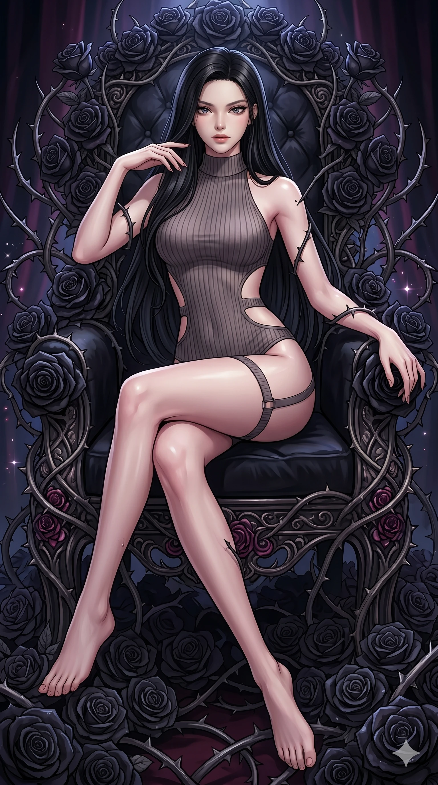 score_9, masterpiece, best quality, ultra-detailed, High-budget Anime Keyframe, East Asian woman. Dynamic full-body shot stretching the vertical silhouette to the limit. Scenario 90: Resting on a throne of black roses, thorns grazing her skin. Her presence is magnetic and overpowering in this high-budget anime scene. Outfit 90: A ribbed bodycon knit garter with a strategic side cut-outs and tight-fitting silhouette. The clothing is designed to emphasize her exceptionally tall and slender 8-heads proportion. 8-heads proportion, towering silhouette, ultra-slim waist. sharp v-shaped jawline, intricate jewel-like eyes with depth, thick eyelashes, glossy lips. 2k, ultra detail, master piece, 9:16 ratio