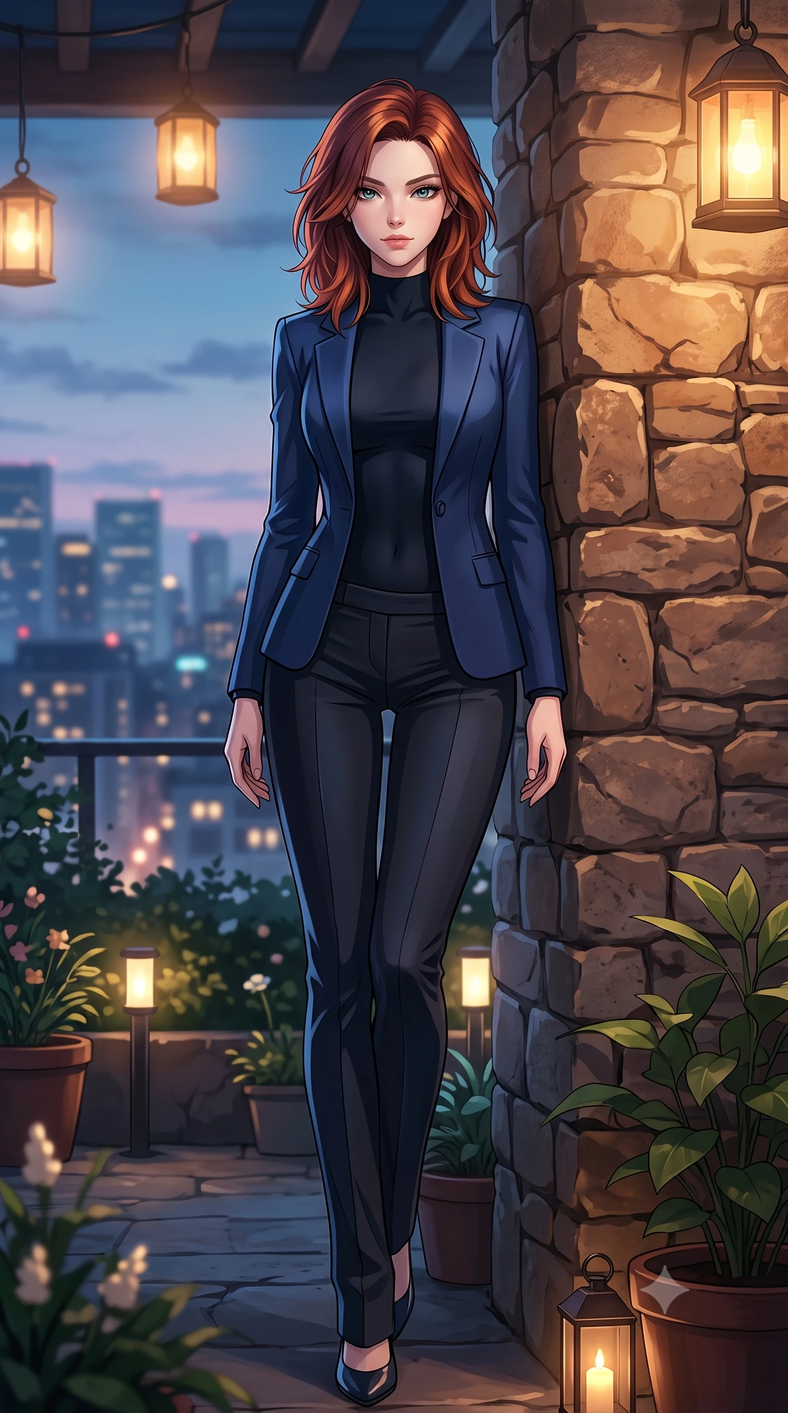 score_9, masterpiece, best quality, ultra-detailed, high-budget anime keyframe, tasteful artistic composition, Korean woman. low angle full-body shot from head to toe showing her feet, filling the entire 9:16 vertical frame with her statuesque presence, stretching her vertical silhouette. leaning back against a rustic stone wall, casting a slow, alluring gaze at the camera the background shows a soft-focus a secluded rooftop garden veranda at a historic estate overlooking city lights. She has an absolutely perfect, statuesque 8.5-heads proportion, an exceptionally tall and slender model-like female figure with impossibly long slender legs and an ultra-slim waist. sharp v-shaped jawline, high-bridge nose, intricate jewel-like eyes with depth, thick eyelashes, glossy lips with a natural sheen. wearing a form-contouring sleek tailored blazer in navy blue worn closed over a tight-fitting black bodysuit. soft ambient city glow contrasting with the warm light of hanging lanterns. highly saturated vibrant anime colors, cel-shading, 2d style, master piece, 9:16 ratio