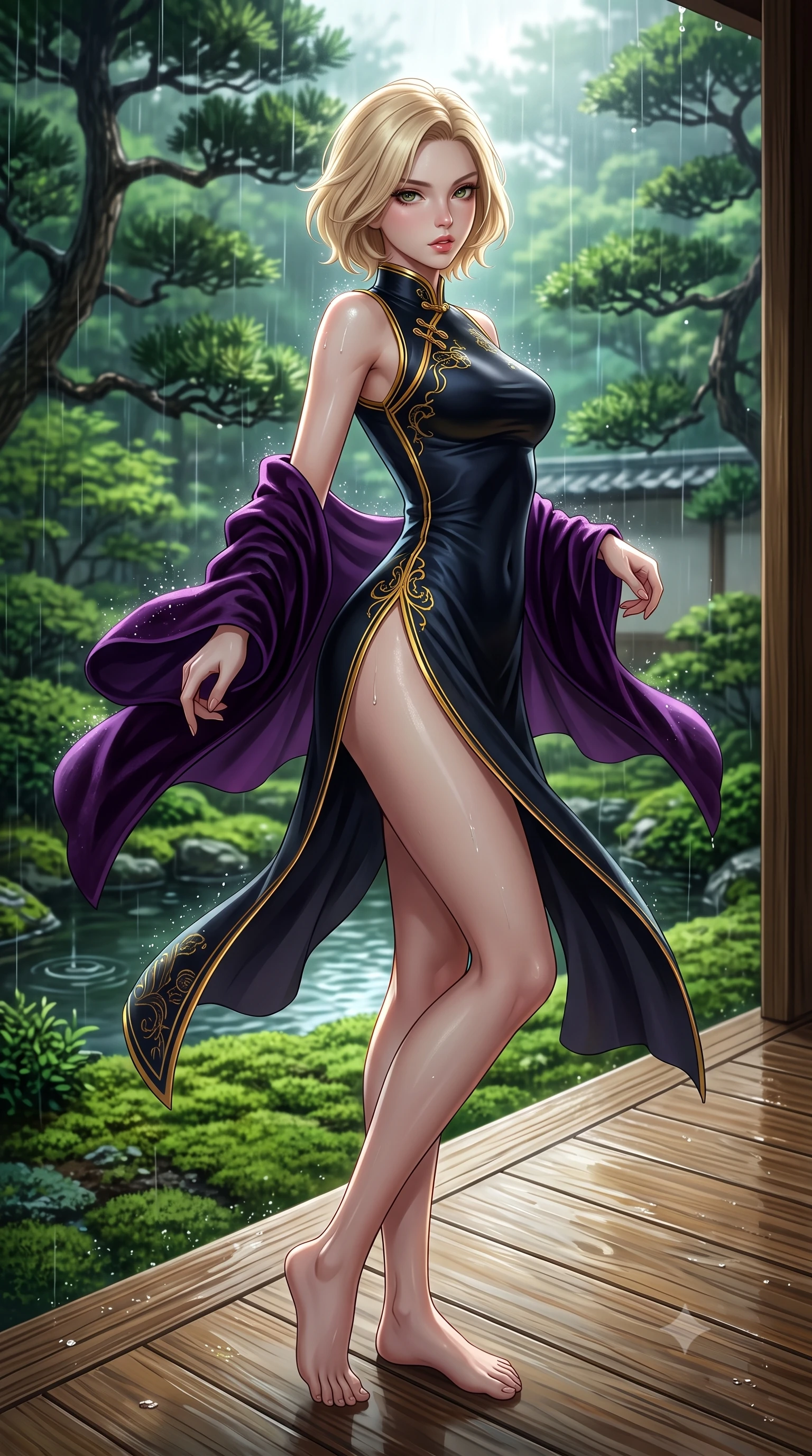 score_9, masterpiece, best quality, ultra-detailed, high-budget anime keyframe, semi-realistic 3D game render, editorial fashion photography, tasteful artistic composition, Caucasian woman. low angle full-body shot from head to toe showing her feet, filling the entire 9:16 vertical frame with her statuesque presence, stretching her vertical silhouette. executing an elegant mid-motion pivot turn as garments swirl around her slender limbs, glancing over her shoulder with an intoxicating bedroom-gaze while perching on the smooth cedar engawa veranda with knees drawn up, looking back over her shoulder as gentle rain taps the moss garden. The surrounding environment is rendered in vivid detail and crisp panoramic clarity. detailed silk kimono weave, garden pond ripple caustics, and water droplet clarity in high resolution. She has an exceptionally tall and slender model-like 8.5-heads proportion, an ultra-slim waist, a flat toned midriff, narrow delicate ribcage, and beautifully sculpted feminine hips creating a graceful, slim hourglass silhouette without any bulky heaviness, with impossibly long slender legs. sharp v-shaped jawline, high-bridge nose, intricate jewel-like eyes with depth, thick eyelashes, glossy parted lips with a natural sheen, intensely captivating and seductive bedroom-eyes expression, flawlessly proportioned anatomical accuracy, strict slender model proportions, natural body alignment, perfectly sculpted long slender limbs, ultra-slim waistline, clean dynamic posture without body distortion. wearing a modernized cyber-qipao mini dress with an ultra-high side slit ascending to the hip and glowing piping in midnight obsidian black and liquid gold, tailored from liquid silk jersey adhering flawlessly to her slender build, complemented by a plush velvet shawl draped loosely over her elbows, the liquid-tight tailored fabric clinging flawlessly to her narrow waist and rounded feminine hips, emphasizing every millimeter of her sculpted slim hourglass curves without any bulky heaviness. illuminated by wet specular highlights accentuating her slender neckline, sculpted waist, and rounded hips. highly saturated vibrant anime colors, detailed shading with soft gradients, rich glossy textures, high-contrast stereoscopic depth, volumetric dynamic lighting, master piece, 9:16 ratio