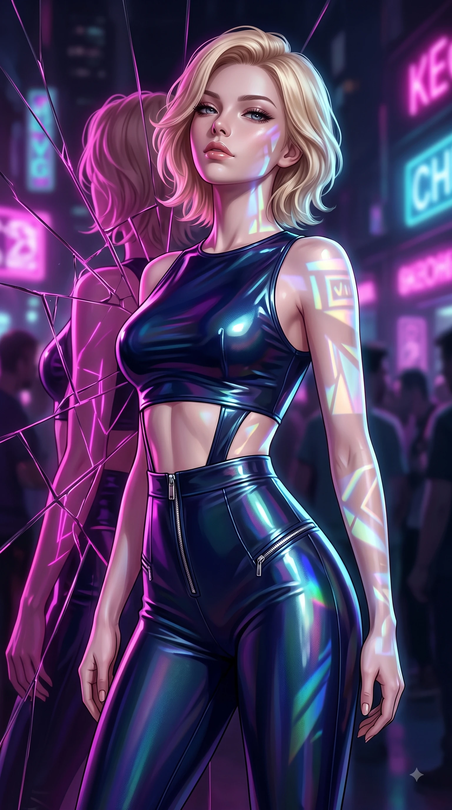 score_9, masterpiece, best quality, ultra-detailed, high-budget anime keyframe, editorial fashion photography, tasteful artistic composition, Caucasian woman. close-up cowboy shot from the waist and thighs up, the character dominates the composition, filling the frame with her large presence, background elements kept in soft focus. Tilting her chin up with composed magnetism as dramatic side lighting traces her sculpted waist and hip contour while pivoting dynamically in front of a shattered mirror bar as magenta neon reflections trace her curves, holographic advertisements casting dynamic geometric light patterns on her form. She has an exceptionally elegant, slender, and willowy female figure with an ultra-slim waist, a gracefully sculpted slender torso, and a refined silhouette. sharp v-shaped jawline, high-bridge nose, intricate jewel-like eyes with depth, thick eyelashes, glossy lips with a natural sheen, flawlessly proportioned anatomical accuracy, natural body alignment, perfectly sculpted elegant limbs, clean dynamic posture without body distortion. wearing a glossy vinyl crop top and high-waist tailored leggings with sleek zippers in midnight navy blue and chrome trim, crafted from iridescent chiffon that shifts colors in the light, featuring clean architectural cutouts along her slender torso, the tailored fabric tightly following every curve of her athletic build. surrounded by a high-energy, seductive cyberpunk nightlife ambiance. ultra-reflective glossy finish, specular highlights, metallic sheen, high-contrast stereoscopic depth, volumetric dynamic lighting, 2k, ultra detail, master piece, 9:16 ratio