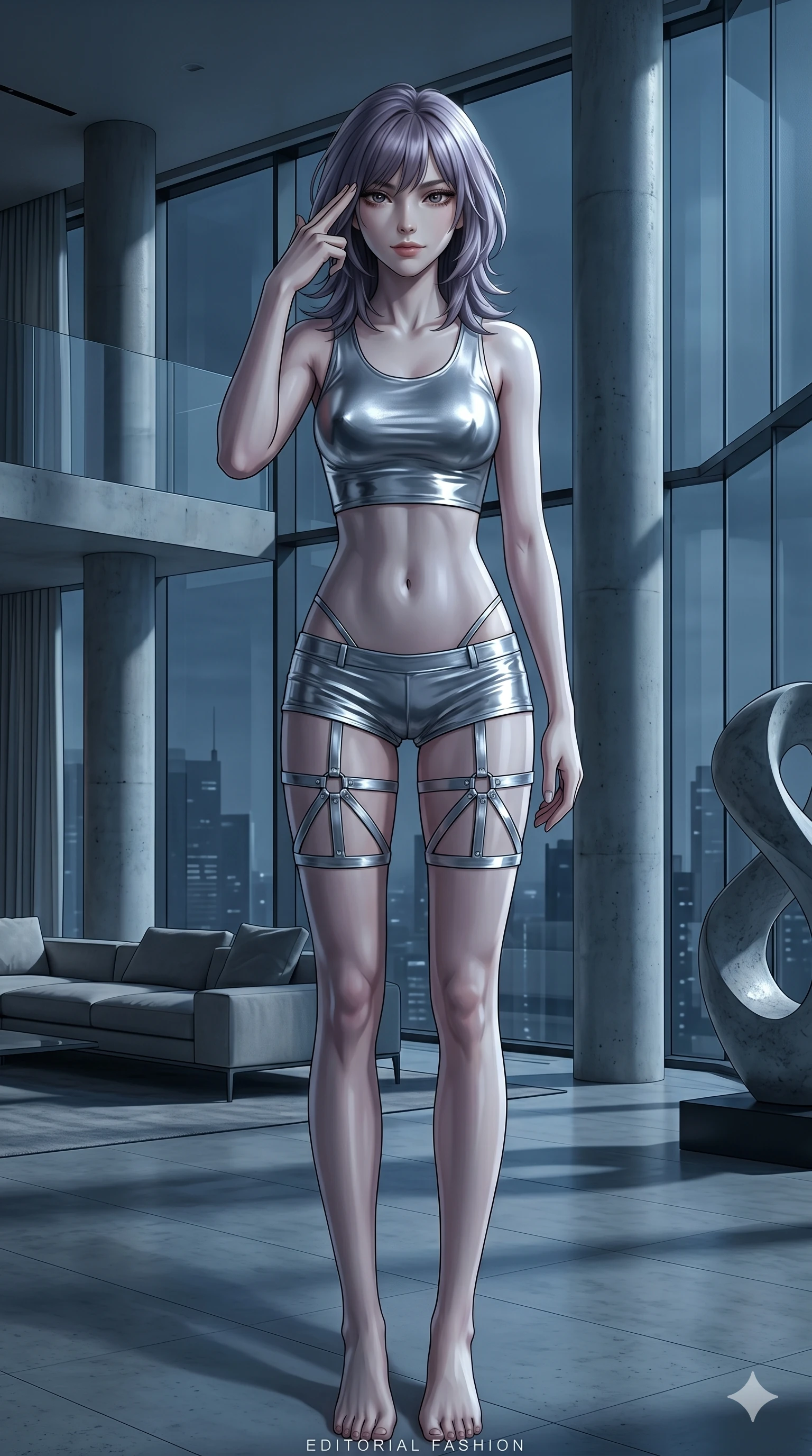score_9, masterpiece, best quality, ultra-detailed, high-budget anime keyframe, editorial fashion photography, tasteful artistic composition, Japanese woman. cowboy shot from the thighs up, character and outfit filling the frame for maximum editorial presence. pressing two fingers to her temple, looking at the camera with a bored, condescending half-smile within a luxurious minimalist penthouse with floor-to-ceiling glass walls (Scenario Code H-44). She has an absolutely perfect 8-heads proportion, an exceptionally tall and slender female figure with impossibly long slender legs and an ultra-slim waist. V-shaped jawline, high-bridge nose, intricate jewel-like eyes with depth, thick eyelashes, glossy lips with a natural sheen. wearing a wet-look metallic silver crop top paired with ultra-low-rise micro-shorts and a matching thigh harness. bathed in a cold silver moonlight creating deep, dramatic shadows on her figure. 2k, ultra detail, master piece, 9:16 ratio