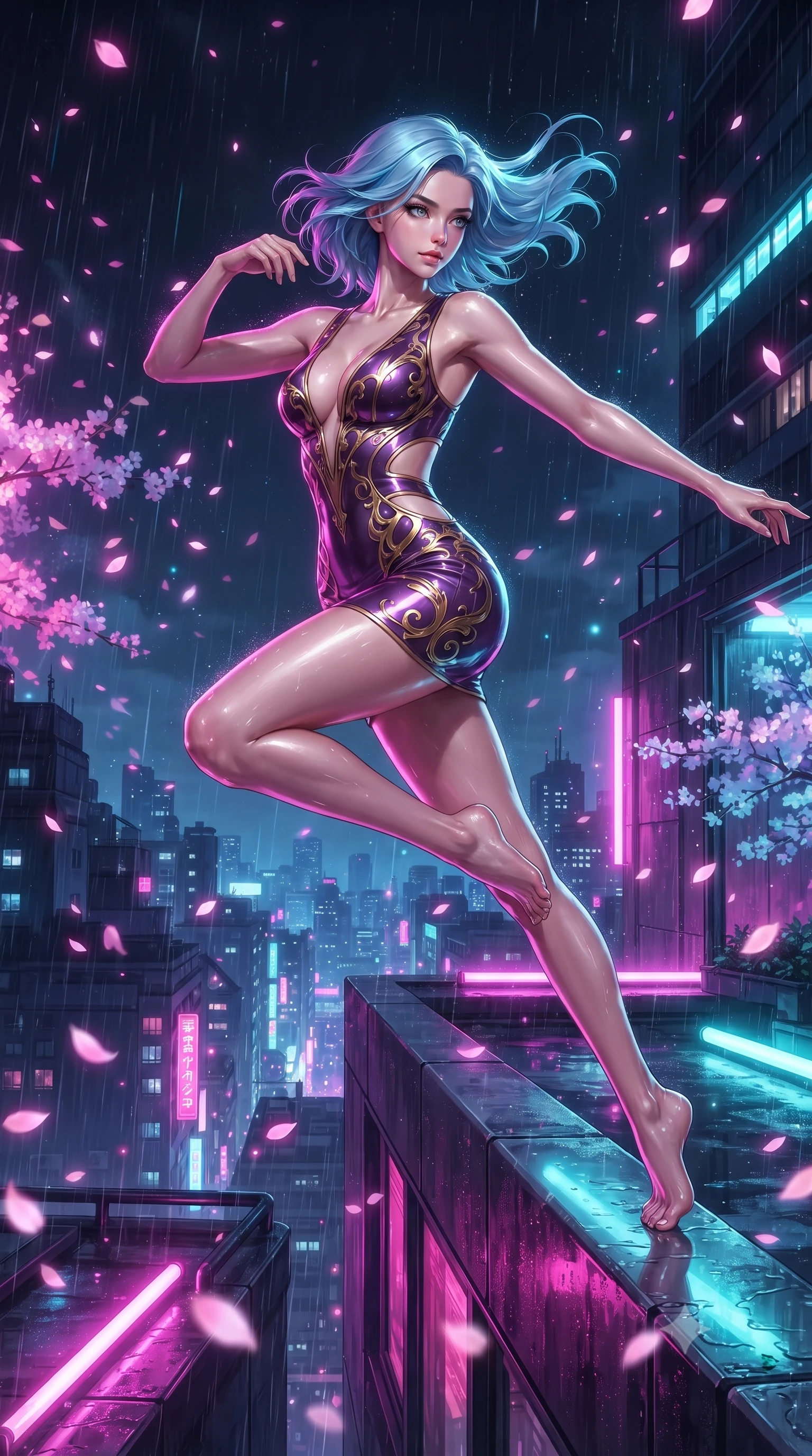 score_9, masterpiece, best quality, ultra-detailed, high-budget anime keyframe, editorial fashion photography, tasteful artistic composition, Korean woman. low angle full-body shot from head to toe showing her feet, filling the entire 9:16 vertical frame with her statuesque presence, stretching her vertical silhouette. performing an athletic mid-air rotation with flawless poise, her vertical silhouette beautifully stretched while leaping across the ledge of a skyscraper rooftop as digital sakura petals blizzard around her, wet rooftop surfaces reflecting glowing pink, purple, and cyan neon light bars. She has an absolutely perfect, statuesque 8.5-heads proportion, an exceptionally tall and slender model-like female figure with impossibly long slender legs and an ultra-slim waist. sharp v-shaped jawline, high-bridge nose, intricate jewel-like eyes with depth, thick eyelashes, glossy lips with a natural sheen, flawlessly proportioned anatomical accuracy, natural body alignment, perfectly sculpted elegant limbs, clean dynamic posture without body distortion. wearing a liquid mercury gloss mini dress with ultra-deep V-neck and waist cutouts in plum purple and gold filigree, tailored from high-gloss patent leather, featuring clean architectural cutouts along her slender torso, the tailored fabric tightly following every curve of her athletic build. drenched in intense neon magenta and cyan rim light with dark urban contrast. ultra-reflective glossy finish, specular highlights, metallic sheen, high-contrast stereoscopic depth, volumetric dynamic lighting, 2k, ultra detail, master piece, 9:16 ratio