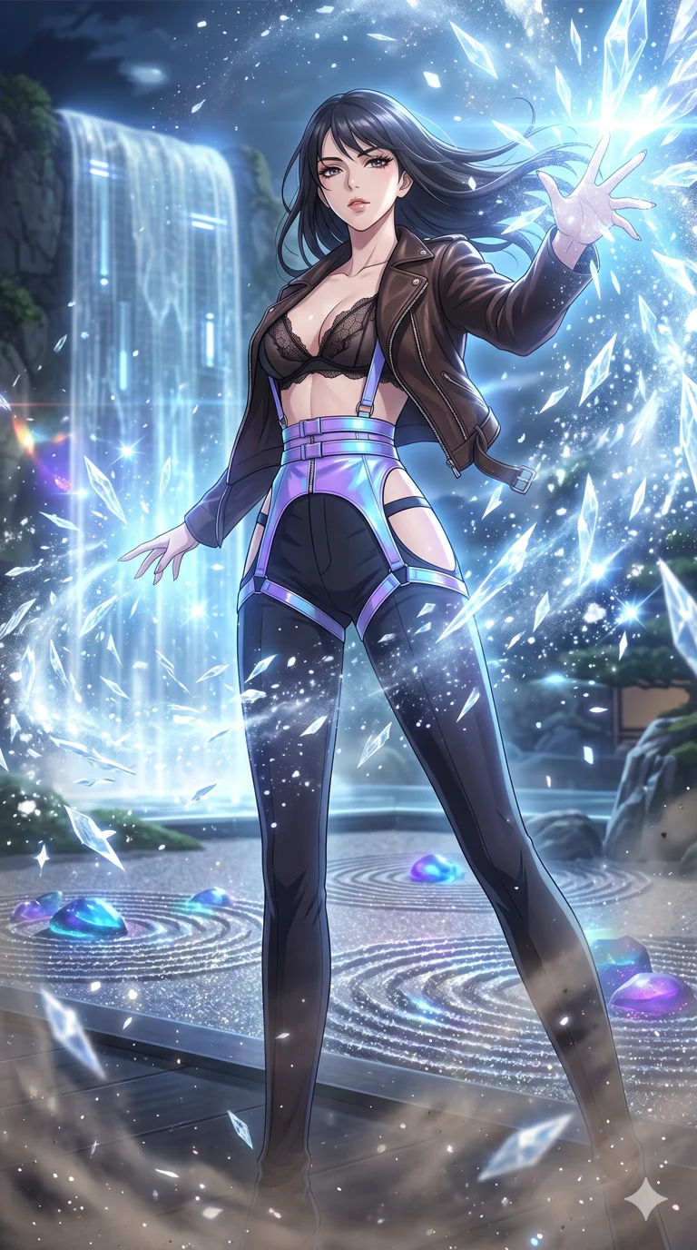 score_9, masterpiece, best quality, ultra-detailed, High-budget Anime Keyframe, vibrant colors, fluid line-art, expressive lighting, cinematic composition, Ufotable-style visual effects, top-tier animation quality, Japanese woman with delicate and elegant anime-inspired features. Low angle cowboy shot filling the entire 9:16 frame with her statuesque presence, looking up to emphasize her height. Casting a powerful ice spell that instantly turns the humid air into a storm of sharp, glittering ice crystals. She has an absolutely perfect 8-heads proportion, an exceptionally tall and slender female figure with impossibly long slender legs and an ultra-slim waist, her statuesque height and towering silhouette dominating the vertical 9:16 frame. Her face is a masterpiece featuring a sharp v-shaped jawline, high-bridge nose, intricate jewel-like eyes with depth, thick eyelashes, and glossy lips with a natural sheen. She is wearing a Unzipped deeply leather jacket over a delicate sheer lace bra and a high-waisted harness crafted from Iridescent vinyl with a futuristic sheen that shifts between violet and cyan, featuring strategic side cut-outs that emphasize her ultra-slim waist and hips. The scene is set in a serene Zen garden with metallic sand, glowing stones, and a holographic waterfall, illuminated by intense energy flares from her powers illuminating the scene with brilliant light. 2k, ultra detail, master piece, 9:16 ratio