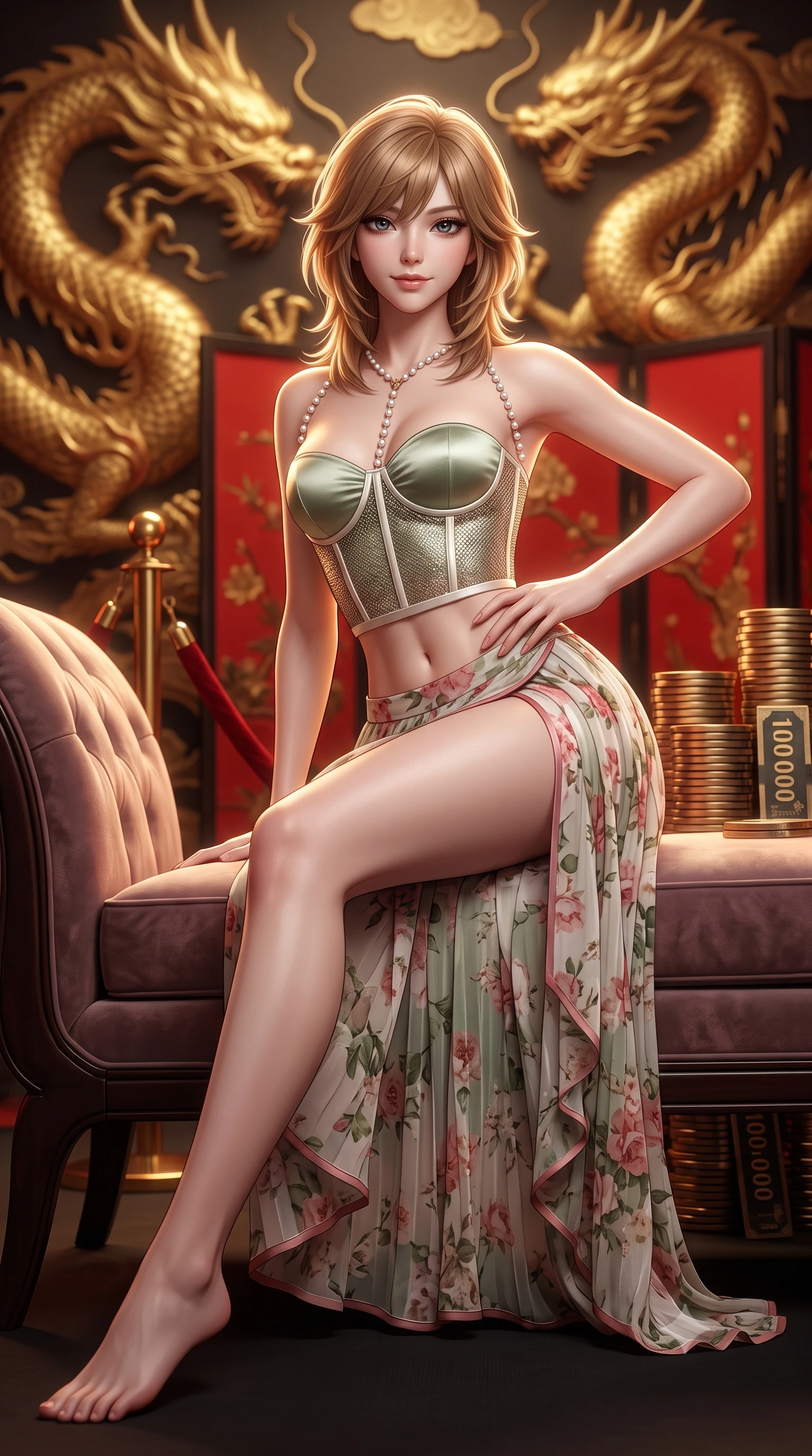 score_9, masterpiece, best quality, ultra-detailed, high-budget anime keyframe, semi-realistic 3D game render, editorial fashion photography, tasteful artistic composition, Korean woman. low angle full-body shot from head to toe showing her feet, filling the entire 9:16 vertical frame with her statuesque presence, stretching her vertical silhouette. reclining gracefully across the plush chaise lounge with one leg extended, her sculpted silhouette and flat midriff radiating magnetic nocturnal glamour while standing poised behind the velvet-roped VIP entrance, one hand resting on her sculpted hip with sovereign femme fatale elegance. The background shows a soft-focus colossal embossed gold-leaf dragon murals, red lacquered screens, and stacks of thousand-dollar gaming plaques blurred into vermilion, gold, and obsidian bokeh. She has an absolutely perfect, statuesque 8.5-heads proportion, an exceptionally tall and slender model-like female figure with impossibly long slender legs, an ultra-slim waist, a flat toned midriff, narrow delicate ribcage, and beautifully sculpted feminine hips creating a graceful, slim hourglass silhouette without any bulky heaviness. sharp v-shaped jawline, high-bridge nose, sparkling eyes with hypnotic seductive depth, thick curled eyelashes, glossy parted lips with a natural dewy peach sheen, alluring bedroom-eyes with an enchanting coquettish smile, exuding magnetic siren charisma and sophisticated glamour, flawlessly proportioned anatomical accuracy, strict slender model proportions, natural body alignment, perfectly sculpted long slender limbs, ultra-slim waistline, clean dynamic posture without body distortion. wearing a strapless boned satin bustier paired with an airy micro-pleated floral chiffon skirt framing her hourglass hips in botanical sage green and pure pearlescent ivory with rose trims, crafted from shimmering fluid chainmail mesh reflecting ambient casino lights, finished with a pearl-drop body harness subtly framing her dewy collarbones and spine, the high-slit wrap tailoring accentuating her ultra-slim waistline and the enchanting curve of her feminine hips with alluring seductive charm. illuminated by polished table lacquer bounce and sharp warm-gold rim lights sculpting her jawline, flat midriff, and voluptuous hip curves. highly saturated vibrant anime colors, detailed shading with soft gradients, rich glossy textures, high-contrast stereoscopic depth, volumetric dynamic lighting, master piece, 9:16 ratio