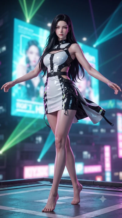 score_9, masterpiece, best quality, ultra-detailed, high-budget anime keyframe, editorial fashion photography, tasteful artistic composition, Korean woman. low angle full-body shot from head to toe showing her feet, filling the entire 9:16 vertical f