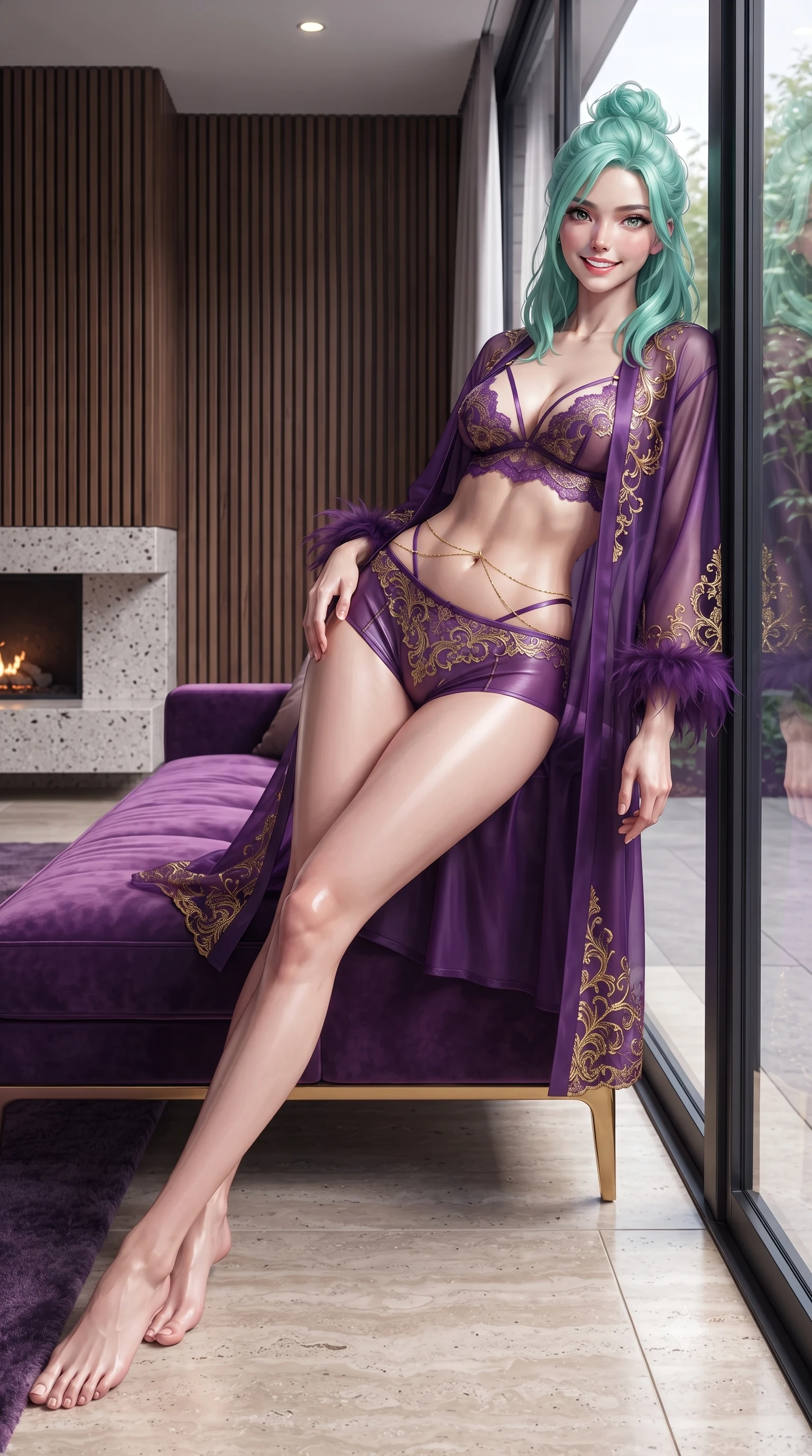 score_9, masterpiece, best quality, ultra-detailed, high-budget anime keyframe, editorial fashion photography, tasteful artistic composition, Japanese woman. low angle full-body shot from head to toe showing her feet, filling the entire 9:16 vertical frame with her statuesque presence, stretching her vertical silhouette. reclining gracefully across the plush chaise lounge with one leg extended, her sculpted silhouette and flat midriff radiating magnetic nocturnal glamour while leaning against the glass wall overlooking the private courtyard with hips cocked back, casting a smoldering bedroom-gaze. The surrounding environment is rendered in vivid detail and crisp panoramic clarity: sharp terrazzo fireplace hearth edge, walnut wood slat wall grain, and polished travertine floor joints in deep focus. She has an exceptionally tall and slender model-like 8.5-heads proportion, an ultra-slim waist, a flat toned midriff, narrow delicate ribcage, and beautifully sculpted feminine hips creating a graceful, slim hourglass silhouette without any bulky heaviness, with impossibly long slender legs. sharp v-shaped jawline, high-bridge nose, intricate jewel-like sparkling eyes with depth, thick eyelashes, glossy parted lips with a natural peach sheen, bright cheerful beaming smile with an enchanting and coquettish sensual glint, exuding both youthful cute charm and seductive allure, flawlessly proportioned anatomical accuracy, strict slender model proportions, natural body alignment, perfectly sculpted long slender limbs, ultra-slim waistline, clean dynamic posture without body distortion. wearing a delicate translucent silk boudoir robe with feather-trimmed cuffs worn open over a strappy lace bralette and micro-shorts in rich royal amethyst purple and gilded filigree, woven from buttery-soft stretch lambskin leather adhering to her body like a second skin, accented with a dainty gold belly chain resting across her flat midriff and curving hips, the liquid-tight tailored fabric clinging flawlessly to her narrow waist and rounded feminine hips, emphasizing every millimeter of her sculpted slim hourglass curves without any bulky heaviness. illuminated by travertine floor bounce and sharp flame-gold rim lights defining her razor-sharp jawline, narrow waist, and curvy hips. ultra-reflective glossy finish, specular highlights, rich textural contrasts, high-contrast stereoscopic depth, volumetric dynamic lighting, 2k, ultra detail, master piece, 9:16 ratio