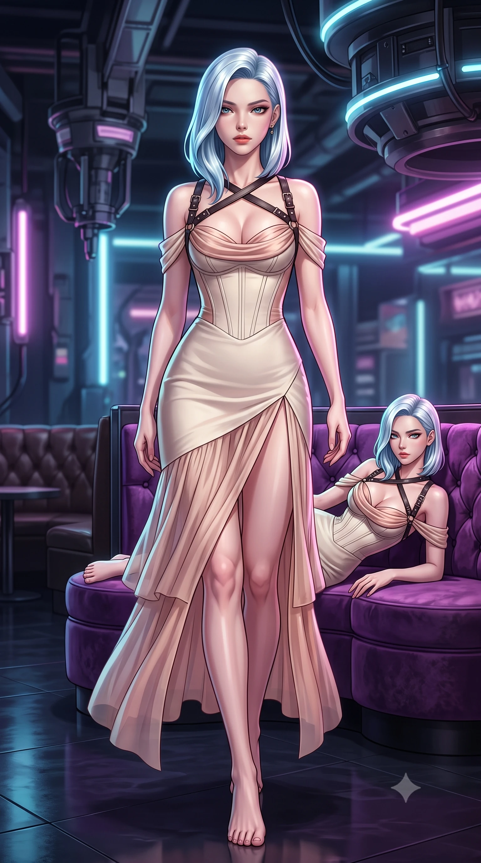 score_9, masterpiece, best quality, ultra-detailed, high-budget anime keyframe, semi-realistic 3D game render, editorial fashion photography, tasteful artistic composition, Korean woman. low angle full-body shot from head to toe showing her feet, filling the entire 9:16 vertical frame with her statuesque presence, stretching her vertical silhouette. striding forward in a proud supermodel runway stride, hips swaying in an alluring kinetic rhythm that accentuates her curvy hourglass silhouette while reclining on a tufted purple velvet circular booth propped on one elbow, her slender waist and curved hips sculpted by neon chiaroscuro. The composition keeps background elements in soft focus with creamy bokeh. high-tech bar gantries and dark leather booth silhouettes softened in moody cyberpunk shallow focus. She has an exceptionally tall and slender model-like 8.5-heads proportion, an ultra-slim waist, a flat toned midriff, narrow delicate ribcage, and beautifully sculpted feminine hips creating a graceful, slim hourglass silhouette without any bulky heaviness, with impossibly long slender legs. sharp v-shaped jawline, high-bridge nose, intricate jewel-like eyes with depth, thick eyelashes, glossy parted lips with a natural sheen, intensely captivating and seductive bedroom-eyes expression, flawlessly proportioned anatomical accuracy, strict slender model proportions, natural body alignment, perfectly sculpted long slender limbs, ultra-slim waistline, clean dynamic posture without body distortion. wearing an off-shoulder French court corset bodice dress paired with a tiered translucent chiffon slit skirt in vintage champagne ivory and delicate rose gold, tailored from water-resistant treated wool gabardine and flexible stretch silk, featuring an open-back criss-cross harness strap in dark leather, the liquid-tight tailored fabric clinging flawlessly to her narrow waist and rounded feminine hips, emphasizing every millimeter of her sculpted slim hourglass curves without any bulky heaviness. illuminated by crisp directional edge lights defining her sculpted clavicle, flat midriff, and rounded hips. highly saturated vibrant anime colors, detailed shading with soft gradients, rich glossy textures, high-contrast stereoscopic depth, volumetric dynamic lighting, master piece, 9:16 ratio