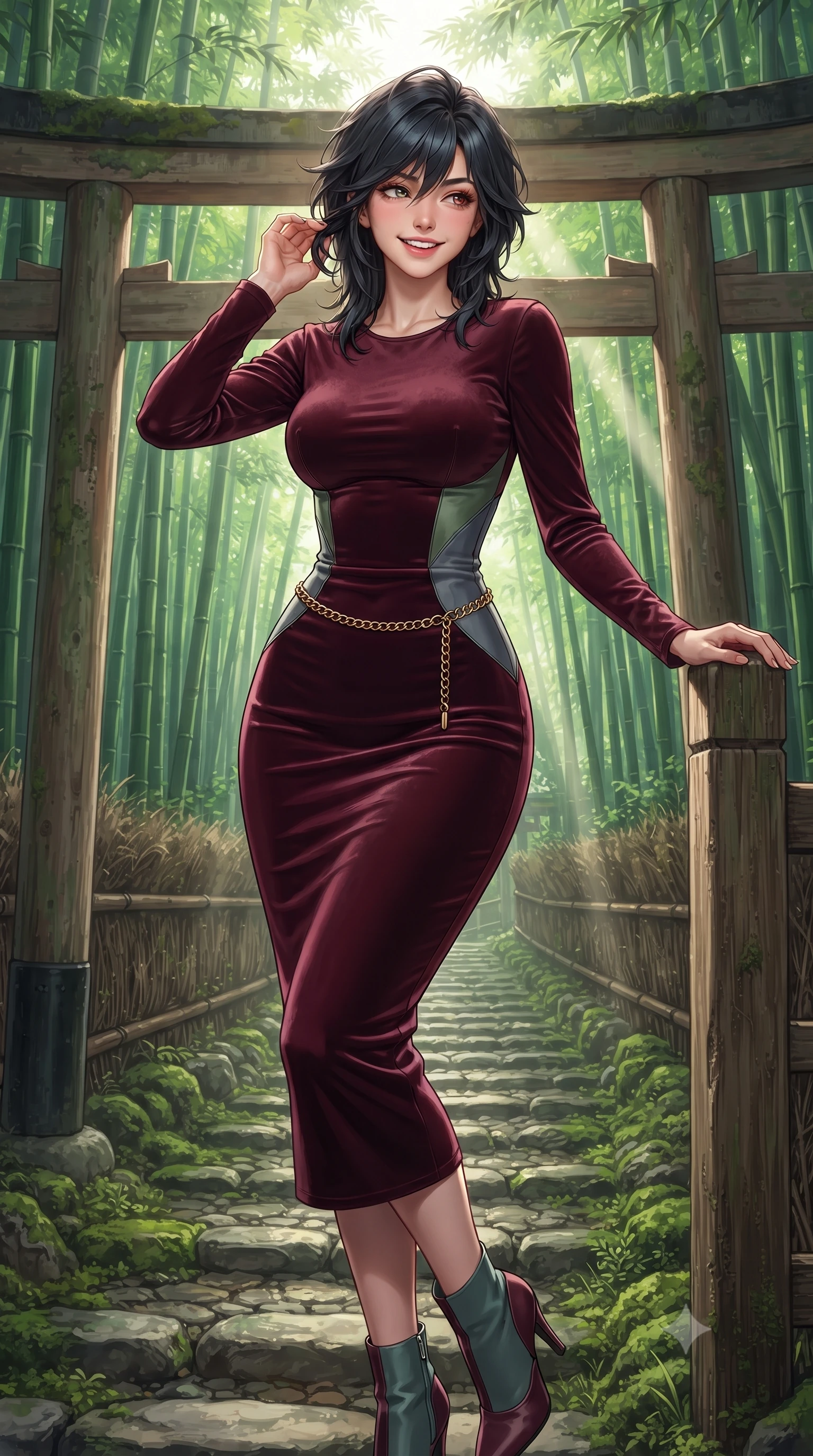 score_9, masterpiece, best quality, ultra-detailed, high-budget anime keyframe, editorial fashion photography, tasteful artistic composition, Caucasian woman. close-up cowboy shot from the waist and thighs up, the character dominates the composition, filling the frame with her large presence. gently brushing a lock of hair behind her ear while casting a playful, flirtatious side-gaze with long eyelashes while pausing beside a weathered wooden torii gate entrance, one hand resting on the cedar post with timeless Kyoto charm. The surrounding environment is rendered in vivid detail and crisp panoramic clarity: detailed stand-collar wool jacket tailoring, minimalist button placket, and historic Kyoto trail craft in high resolution. She has an exceptionally elegant, slender, and willowy female figure with an ultra-slim waist, flat toned midriff, narrow ribcage, and sculpted feminine hips creating an alluring, slim hourglass silhouette without bulk. sharp v-shaped jawline, high-bridge nose, intricate jewel-like sparkling eyes with depth, thick eyelashes, glossy parted lips with a natural peach sheen, bright cheerful beaming smile with an enchanting and coquettish sensual glint, exuding both youthful cute charm and seductive allure, flawlessly proportioned anatomical accuracy, strict slender model proportions, natural body alignment, perfectly sculpted long slender limbs, ultra-slim waistline, clean dynamic posture without body distortion. wearing a form-fitting liquid velvet cocktail midi dress in rich burgundy with long sleeves and a snug waist contour in misty Arashiyama bamboo green and slate grey, woven from fluid liquid silk jersey that clings smoothly to her narrow waist and rounded hips with a dewy sheen, finished with a sleek gold chain belt resting snugly across her narrow waist and curving hips, the glove-like clinging cut tightly following the natural contour of her hips and long slender legs with youthful 8.5-heads elegance. bathed in ethereal shafts of morning sunlight (komorebi) piercing through dense emerald bamboo canopies. ultra-reflective glossy finish, specular highlights, rich textural contrasts, high-contrast stereoscopic depth, volumetric dynamic lighting, 2k, ultra detail, master piece, 9:16 ratio