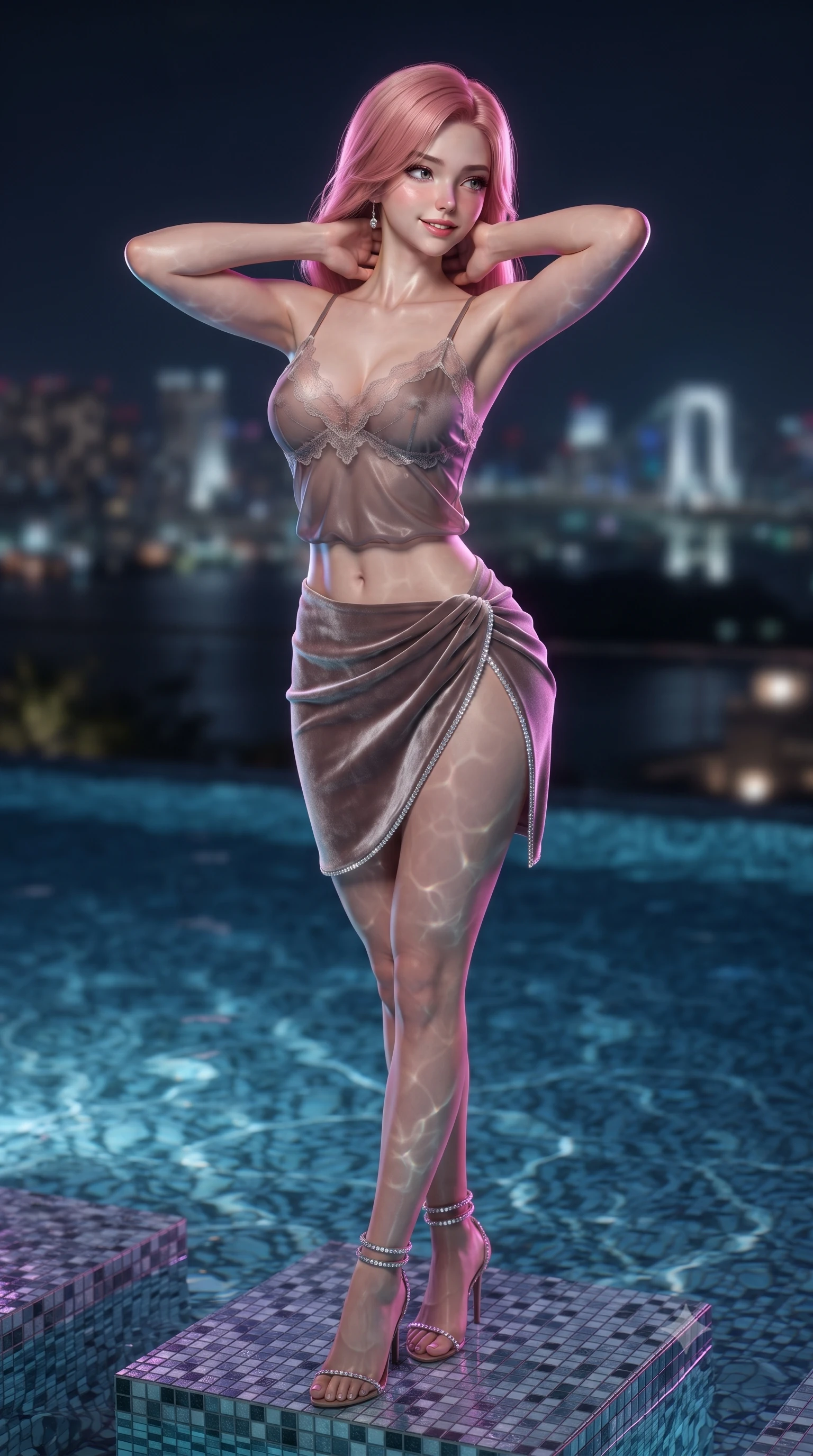 score_9, masterpiece, best quality, ultra-detailed, high-budget anime keyframe, editorial fashion photography, tasteful artistic composition, Japanese woman. close-up cowboy shot from the waist and thighs up, the character dominates the composition, filling the frame with her large presence. resting both hands lightly behind her neck with elbows raised, arching her spine to highlight her narrow waist, flat midriff, and breathtaking collarbones while standing poised on the submerged mosaic stepping platform of the infinity pool, arching her back with breathless siren grace overlooking Tokyo Bay. The background shows a soft-focus infinity pool perimeter overflow softened in glamorous nocturnal bay shallow focus. She has an exceptionally elegant, slender, and willowy female figure with an ultra-slim waist, flat toned midriff, narrow ribcage, and sculpted feminine hips creating an alluring, slim hourglass silhouette without bulk. sharp v-shaped jawline, high-bridge nose, sparkling eyes with hypnotic seductive depth, thick curled eyelashes, glossy parted lips with a natural dewy peach sheen, alluring bedroom-eyes with an enchanting coquettish smile, exuding magnetic siren charisma and sophisticated glamour, flawlessly proportioned anatomical accuracy, strict slender model proportions, natural body alignment, perfectly sculpted long slender limbs, ultra-slim waistline, clean dynamic posture without body distortion. wearing a delicate lace-trimmed silk camisole paired with a draped satin wrap sarong mini skirt with high side slit in sheer dusky champagne and glistening crystal trims, tailored from ultra-plush velvet with rich tactile depth and deep shadow gradients, complemented by strappy stiletto sandals with crystal ankle wraps accentuating her slender calves, the liquid-tight tailored fabric clinging flawlessly to her narrow waist and rounded feminine hips, emphasizing every millimeter of her sculpted slim hourglass curves without any bulky heaviness. illuminated by bay water surface reflections and sharp magenta-cyan rim lights defining her delicate clavicles, narrow waist, and curvy hips. ultra-reflective glossy finish, specular highlights, rich textural contrasts, high-contrast stereoscopic depth, volumetric dynamic lighting, 2k, ultra detail, master piece, 9:16 ratio