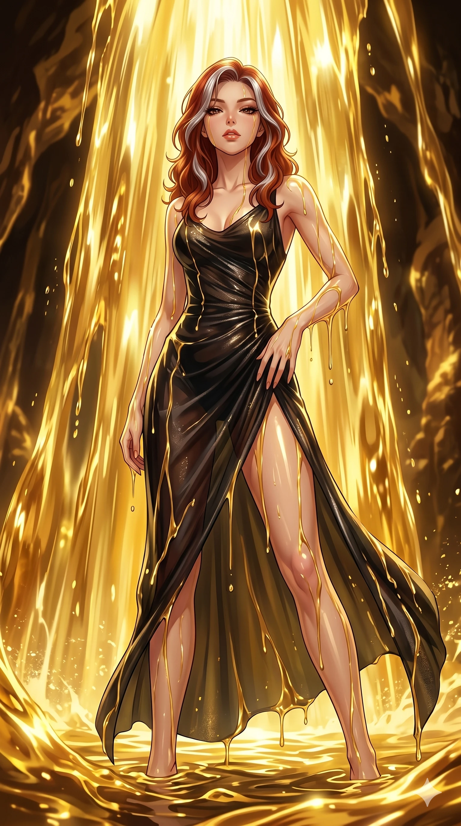 score_9, masterpiece, best quality, ultra-detailed, High-budget Anime Keyframe, East Asian woman. Low angle cowboy shot filling the entire 9:16 frame with her statuesque presence. Scenario 39: Standing under a waterfall of liquid gold, the fluid coating her form. Her presence is magnetic and overpowering in this high-budget anime scene. Outfit 39: A shimmering chiffon sheer with a thigh-high slit and wet-look texture. The clothing is designed to emphasize her exceptionally tall and slender 8-heads proportion. 8-heads proportion, towering silhouette, ultra-slim waist. sharp v-shaped jawline, intricate jewel-like eyes with depth, thick eyelashes, glossy lips. 2k, ultra detail, master piece, 9:16 ratio