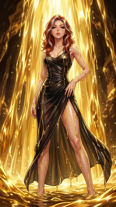 score_9, masterpiece, best quality, ultra-detailed, High-budget Anime Keyframe, East Asian woman. Low angle cowboy shot filling the entire 9:16 frame with her statuesque presence. Scenario 39: Standing under a waterfall of liquid gold, the fluid coat