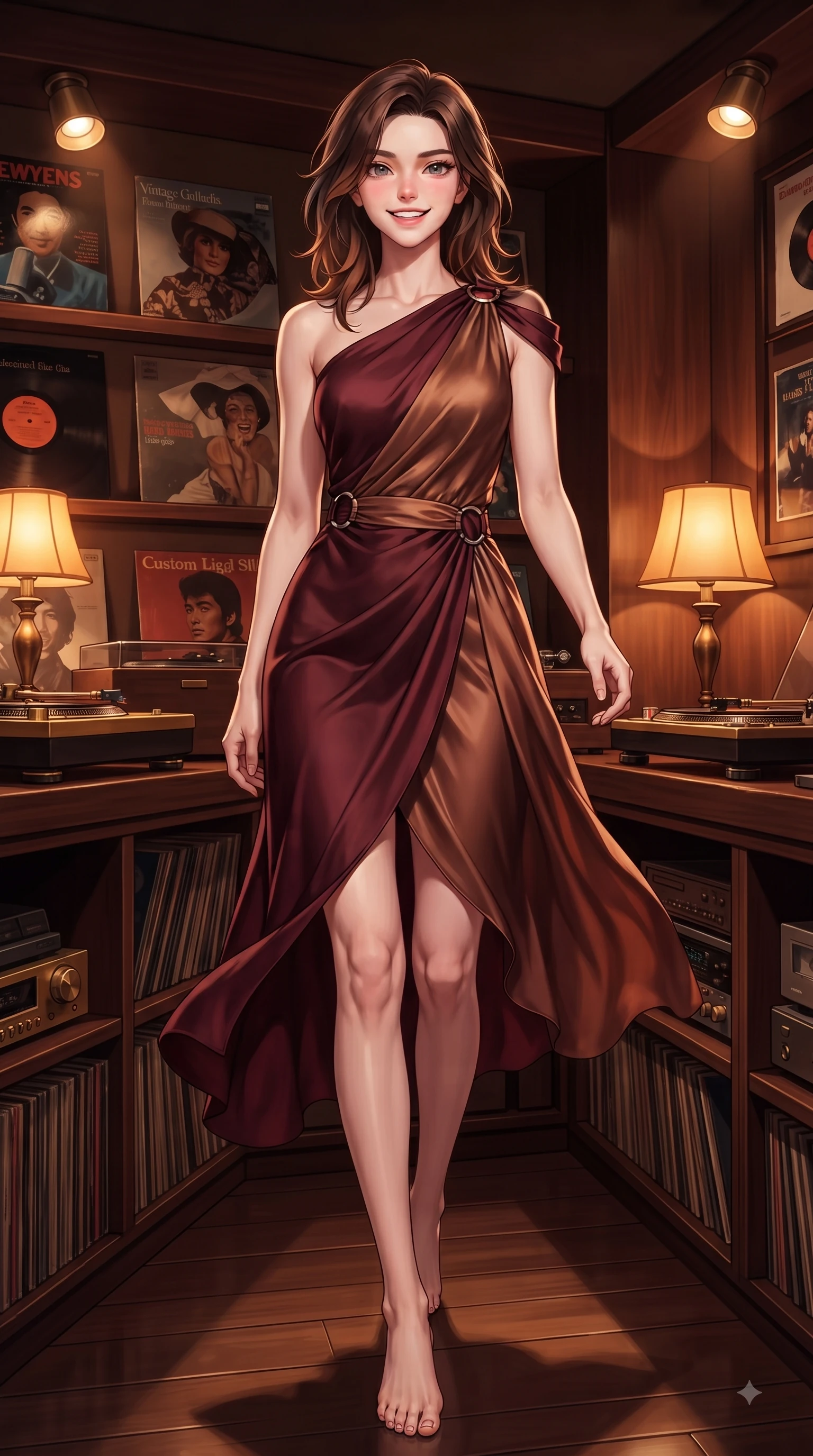 score_9, masterpiece, best quality, ultra-detailed, high-budget anime keyframe, editorial fashion photography, tasteful artistic composition, Korean woman. low angle full-body shot from head to toe showing her feet, filling the entire 9:16 vertical frame with her statuesque presence, stretching her vertical silhouette. walking forward in a proud dynamic stride with a cheerful beaming smile, her vertical silhouette filling the frame while resting on a leather stool under warm amber lamps with a cozy, happy expression. The surrounding environment is rendered in vivid detail and crisp panoramic clarity. vintage vinyl album covers, wooden shelving, and brass turntable details in crisp clarity. She has an absolutely perfect, statuesque 8.5-heads proportion, an exceptionally tall and slender model-like female figure with impossibly long slender legs and an ultra-slim waist. sharp v-shaped jawline, high-bridge nose, intricate jewel-like eyes with depth, thick eyelashes, glossy lips with a natural sheen, flawlessly proportioned anatomical accuracy, natural body alignment, perfectly sculpted elegant limbs, clean dynamic posture without body distortion. wearing an asymmetrical draped chiffon midi dress with a sleek shoulder accent in deep burgundy red and bronze accent, crafted from smooth liquid silk satin, accented with subtle metallic ring hardware framing her waist, the glove-like fit emphasizing her statuesque silhouette during motion. illuminated by cozy directional spotlights and rich mahogany reflections. ultra-reflective glossy finish, specular highlights, metallic sheen, high-contrast stereoscopic depth, volumetric dynamic lighting, 2k, ultra detail, master piece, 9:16 ratio