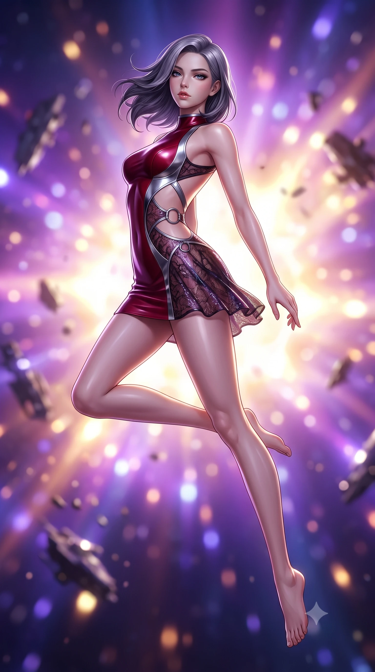 score_9, masterpiece, best quality, ultra-detailed, high-budget anime keyframe, semi-realistic 3D game render, editorial fashion photography, tasteful artistic composition, Caucasian woman. low angle full-body shot from head to toe showing her feet, filling the entire 9:16 vertical frame with her statuesque presence, stretching her vertical silhouette. leaping through mid-air with an athletic yet alluring arch of her spine, her impossibly long slender legs stretched in flawless poise while arching her back in mid-air as zero-gravity causes her outfit and dark hair to billow in weightless grace. The composition keeps background elements in soft focus with creamy bokeh. blazing supernova shockwaves and floating starship debris blurred into brilliant violet and gold bokeh. She has an absolutely perfect, statuesque 8.5-heads proportion, an exceptionally tall and slender model-like female figure with impossibly long slender legs and an ultra-slim waist. sharp v-shaped jawline, high-bridge nose, intricate jewel-like eyes with depth, thick eyelashes, glossy lips with a natural sheen, flawlessly proportioned anatomical accuracy, natural body alignment, perfectly sculpted elegant limbs, clean dynamic posture without body distortion. wearing a second-skin fashion-latex mini dress with a clean architectural front, featuring an open-back design that wraps around the sides of her waist, showcasing her slender silhouette in deep ruby red and polished chrome accents, crafted from delicate dark lace interwoven with luminescent micro-fibers, detailed with polished silver rings connecting the daring side-waist cutouts, the liquid-tight fabric adhering flawlessly to her sculpted torso and slender silhouette. surrounded by a sublime, infinite, and breathtakingly divine cosmic goddess aura. highly saturated vibrant anime colors, detailed shading with soft gradients, rich glossy textures, high-contrast stereoscopic depth, volumetric dynamic lighting, master piece, 9:16 ratio