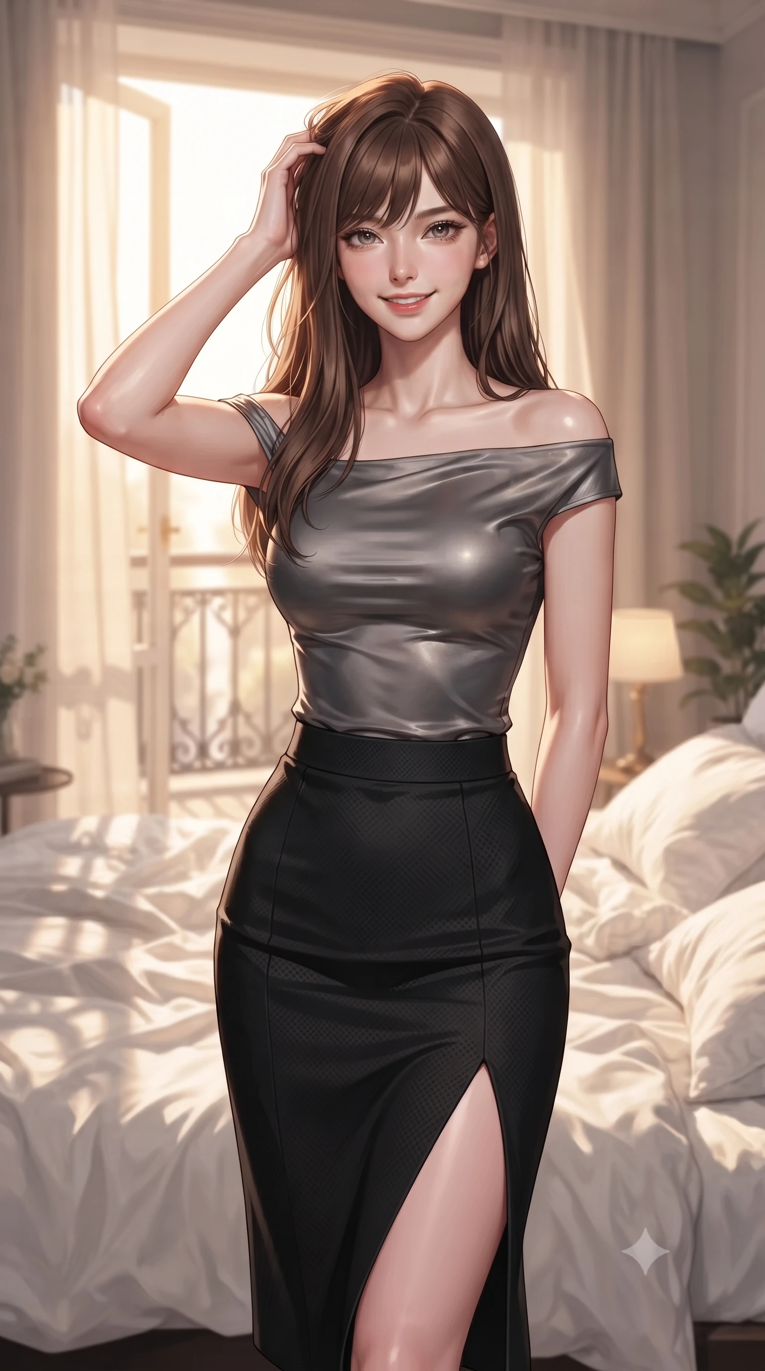 score_9, masterpiece, best quality, ultra-detailed, high-budget anime keyframe, editorial fashion photography, tasteful artistic composition, Korean woman woman. close-up cowboy shot from the waist and thighs up, the character dominates the composition, filling the frame with her large presence, background elements kept in soft focus. smiling with quiet, magnetic self-assurance directly into the camera, running a hand through her hair the background shows a soft-focus a soft bed layered in messy white linen sheets, next to a large open window with sheer curtains. She has an exceptionally elegant, slender, and willowy female figure with an ultra-slim waist, a gracefully sculpted slender torso, and a refined silhouette. sharp v-shaped jawline, high-bridge nose, intricate jewel-like eyes with depth, thick eyelashes, glossy lips with a natural sheen. wearing a slim-fit asymmetric off-shoulder top paired with a high-slit midi skirt, revealing a glimpse of her clavicle lines. warm golden morning sunbeams casting soft organic shadows of the balcony railing. ultra-reflective glossy finish, specular highlights, metallic sheen, high-contrast stereoscopic depth, volumetric dynamic lighting, 2k, ultra detail, master piece, 9:16 ratio