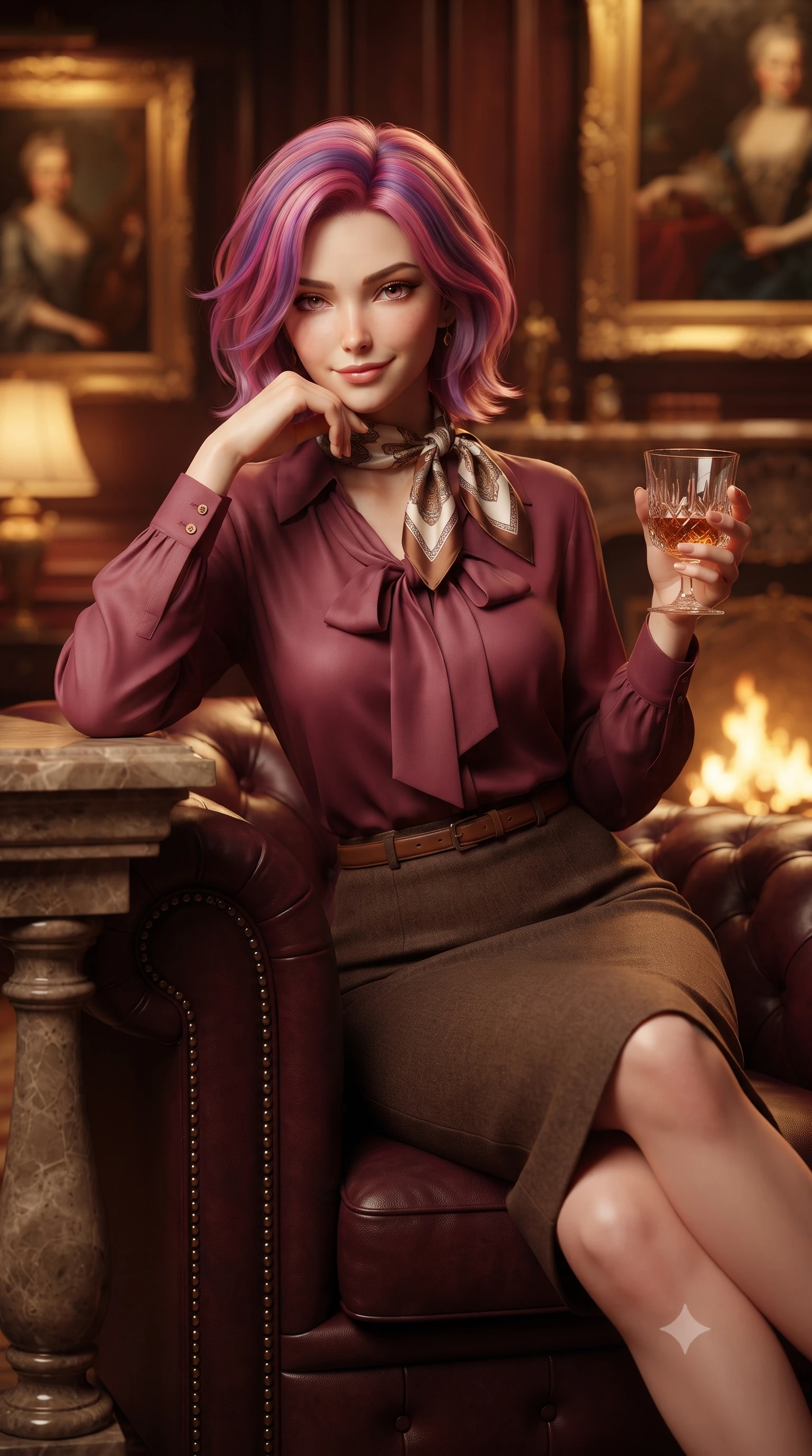 score_9, masterpiece, best quality, ultra-detailed, high-budget anime keyframe, editorial fashion photography, tasteful artistic composition, Caucasian woman. close-up cowboy shot from the waist and thighs up, the character dominates the composition, filling the frame with her large presence. resting one elbow on the stone balustrade, chin poised lightly on her hand with intelligent, charming warmth while relaxing comfortably in a deep tufted burgundy Chesterfield armchair with legs crossed, holding a crystal glass with a knowing smile. The background shows a soft-focus flickering golden firelight from ornate hearth, oil paintings in gilded rococo frames, and rich wood wall paneling blurred into mahogany, crimson, and gold bokeh. She has an exceptionally elegant, slender, and willowy female figure with an ultra-slim waist, flat toned midriff, narrow ribcage, and sculpted feminine hips creating an alluring, slim hourglass silhouette without bulk. sharp v-shaped jawline, high-bridge nose, intricate jewel-like sparkling eyes with depth, thick eyelashes, glossy parted lips with a natural peach sheen, bright cheerful beaming smile with an enchanting and coquettish sensual glint, exuding both youthful cute charm and seductive allure, flawlessly proportioned anatomical accuracy, strict slender model proportions, natural body alignment, perfectly sculpted long slender limbs, ultra-slim waistline, clean dynamic posture without body distortion. wearing a fluid silk crepe pussy-bow blouse paired with a high-waisted tailored pencil midi skirt and slim leather belt in Saint-Germain camel wool and warm espresso, crafted from fluid mulberry silk twill with an understated lustrous pearl finish, finished with a printed silk twilly scarf knotted gracefully around her neck, the precision-cut high-waisted tailoring accentuating her ultra-slim waist and long slender leg line with immaculate aristocratic poise. bathed in the rich, dancing warm 2400K hearth glow from the roaring fireplace mixed with soft brass floor lamp pools. ultra-reflective glossy finish, specular highlights, rich textural contrasts, high-contrast stereoscopic depth, volumetric dynamic lighting, 2k, ultra detail, master piece, 9:16 ratio
