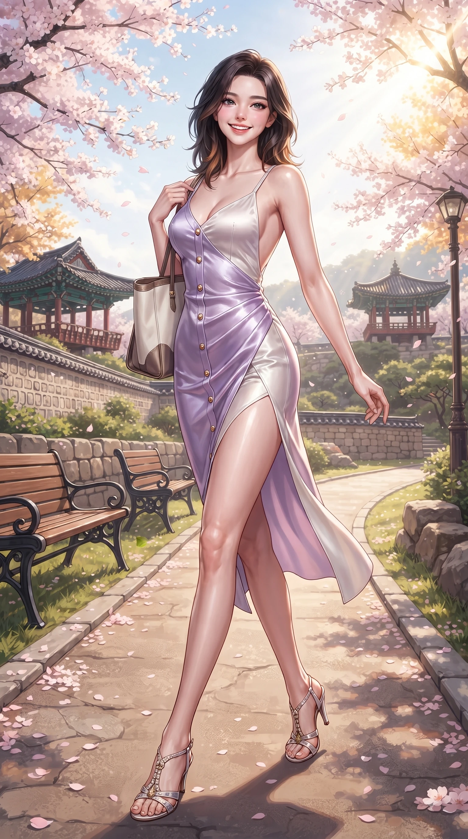 score_9, masterpiece, best quality, ultra-detailed, high-budget anime keyframe, editorial fashion photography, tasteful artistic composition, Korean woman. low angle full-body shot from head to toe showing her feet, filling the entire 9:16 vertical frame with her statuesque presence, stretching her vertical silhouette. performing a cheerful mid-motion turn with flawless poise, her radiant smile capturing fresh girlhood energy while stepping along a paved park trail carrying a tote bag with fresh youthful charm. The surrounding environment is rendered in vivid detail and crisp panoramic clarity. delicate cherry blossom petal clusters, wooden park benches, and historic hill paths in sharp resolution. She has an absolutely perfect, statuesque 8.5-heads proportion, an exceptionally tall and slender model-like female figure with impossibly long slender legs and an ultra-slim waist. sharp v-shaped jawline, high-bridge nose, intricate jewel-like eyes with depth, thick eyelashes, glossy lips with a natural sheen, flawlessly proportioned anatomical accuracy, natural body alignment, perfectly sculpted elegant limbs, clean dynamic posture without body distortion. wearing a precision-fitted liquid satin slip dress with fluid draped lines and an open back in soft lavender violet and pearl white, made of lustrous stretch velvet, adorned with delicate gold buttons along the front, the sleek second-skin texture accentuating her magnetic presence. bathed in bright morning sunbeams and warm golden sakura backlighting. ultra-reflective glossy finish, specular highlights, metallic sheen, high-contrast stereoscopic depth, volumetric dynamic lighting, 2k, ultra detail, master piece, 9:16 ratio